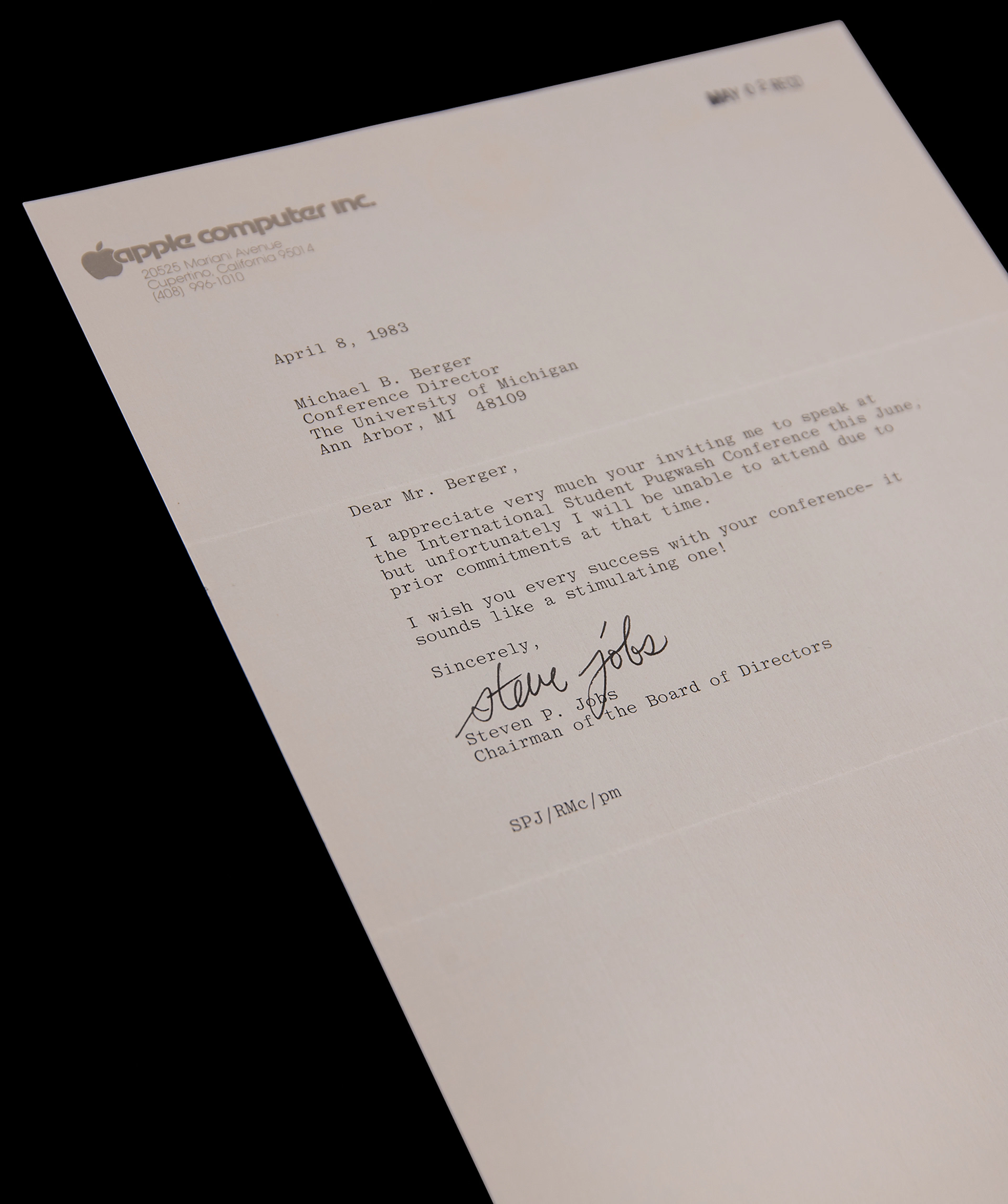 Steve Jobs Typed Letter Signed, Declining Speaking Invitation from