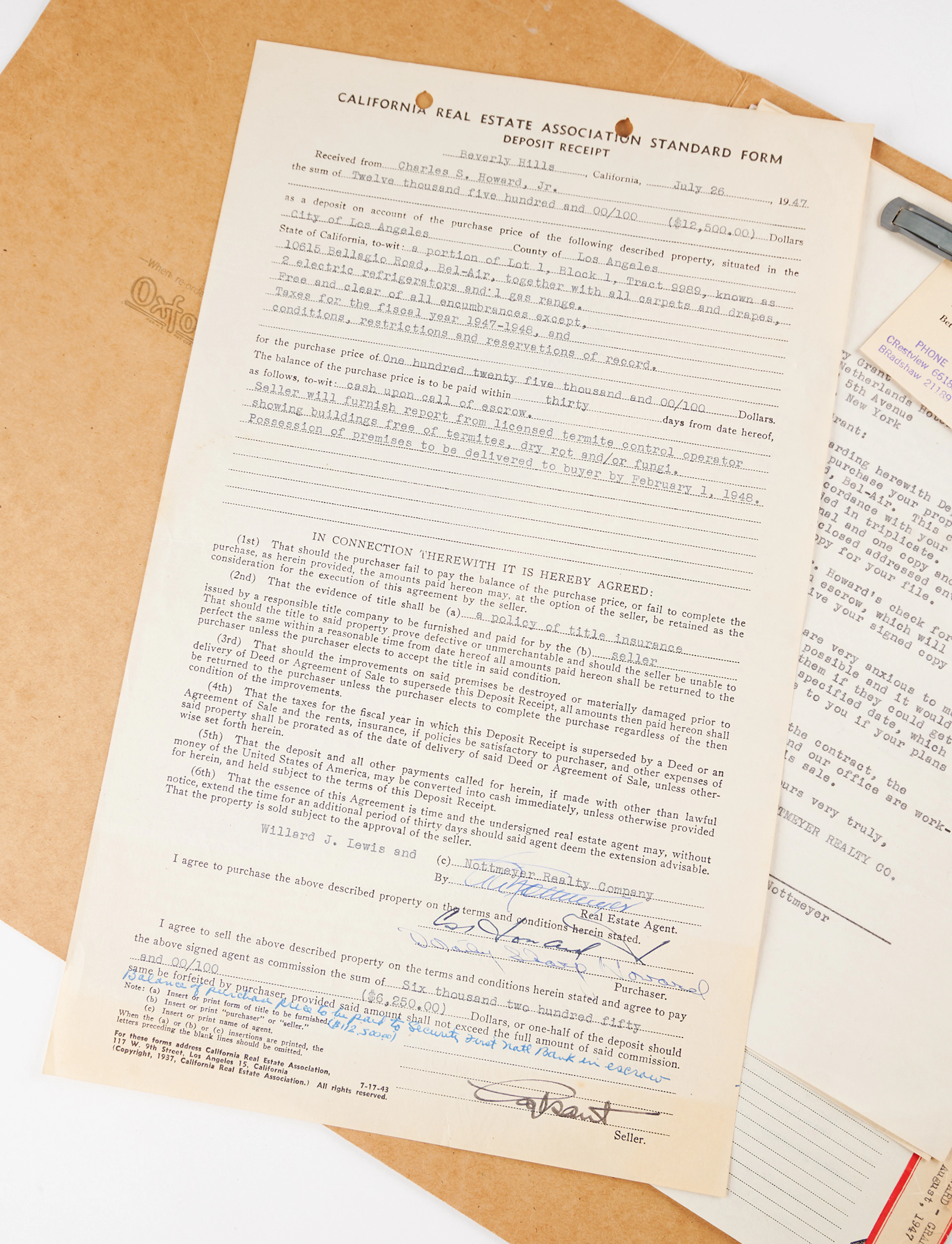 Cary Grant Document Signed for the Sale of His Bel-Air Mansion