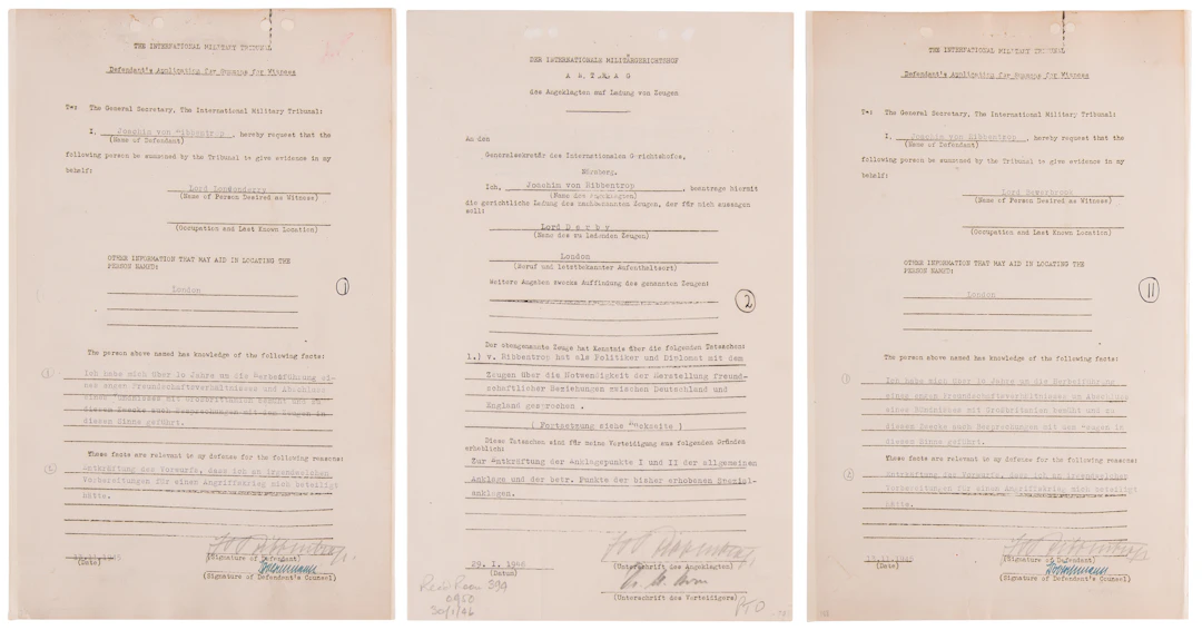 Joachim von Ribbentrop (3) Documents Signed at Nuremberg, Seeking