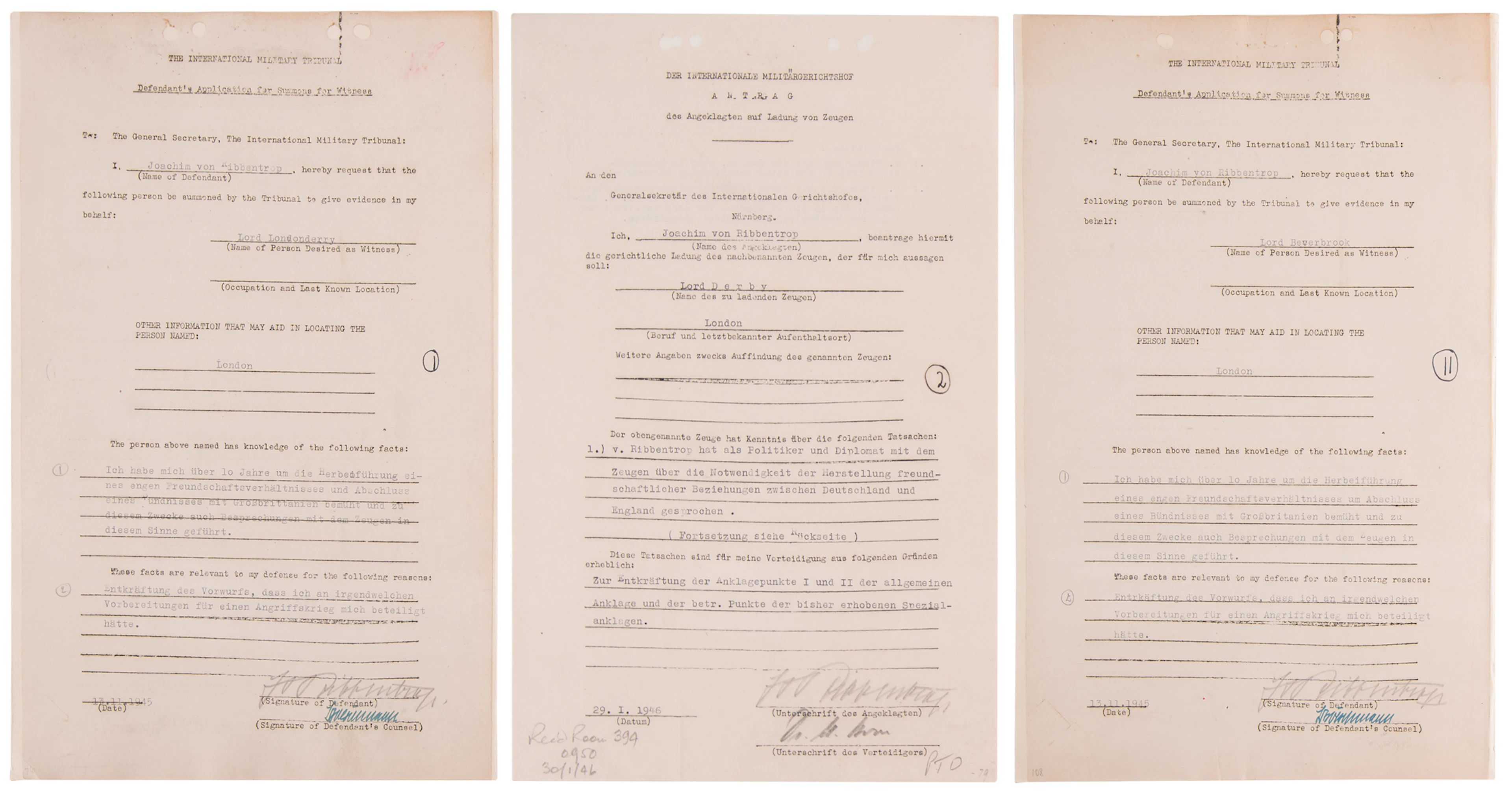 Joachim von Ribbentrop (3) Documents Signed at Nuremberg, Seeking