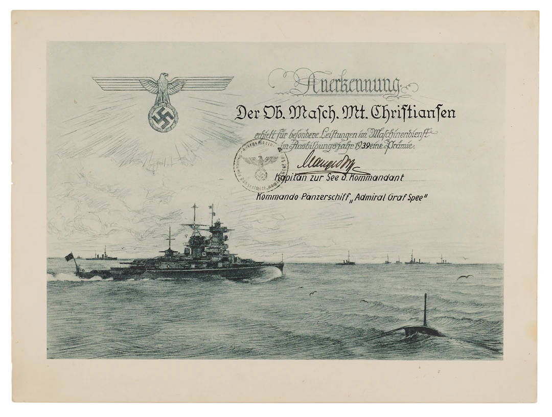 Hans Langsdorff Signed Admiral Graf Spee Commendation Certificate (1939)