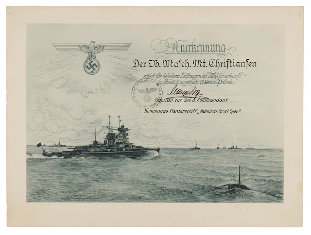 Hans Langsdorff Signed Admiral Graf Spee Commendation Certificate (1939)