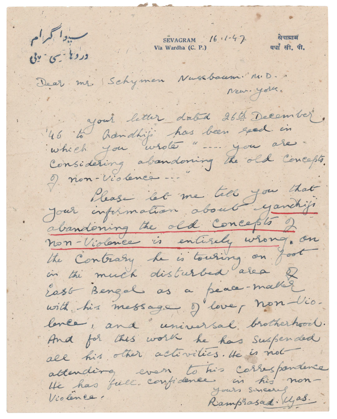 [Mohandas Gandhi] Ramprasad Vyas Autograph Letter Signed: "Your information