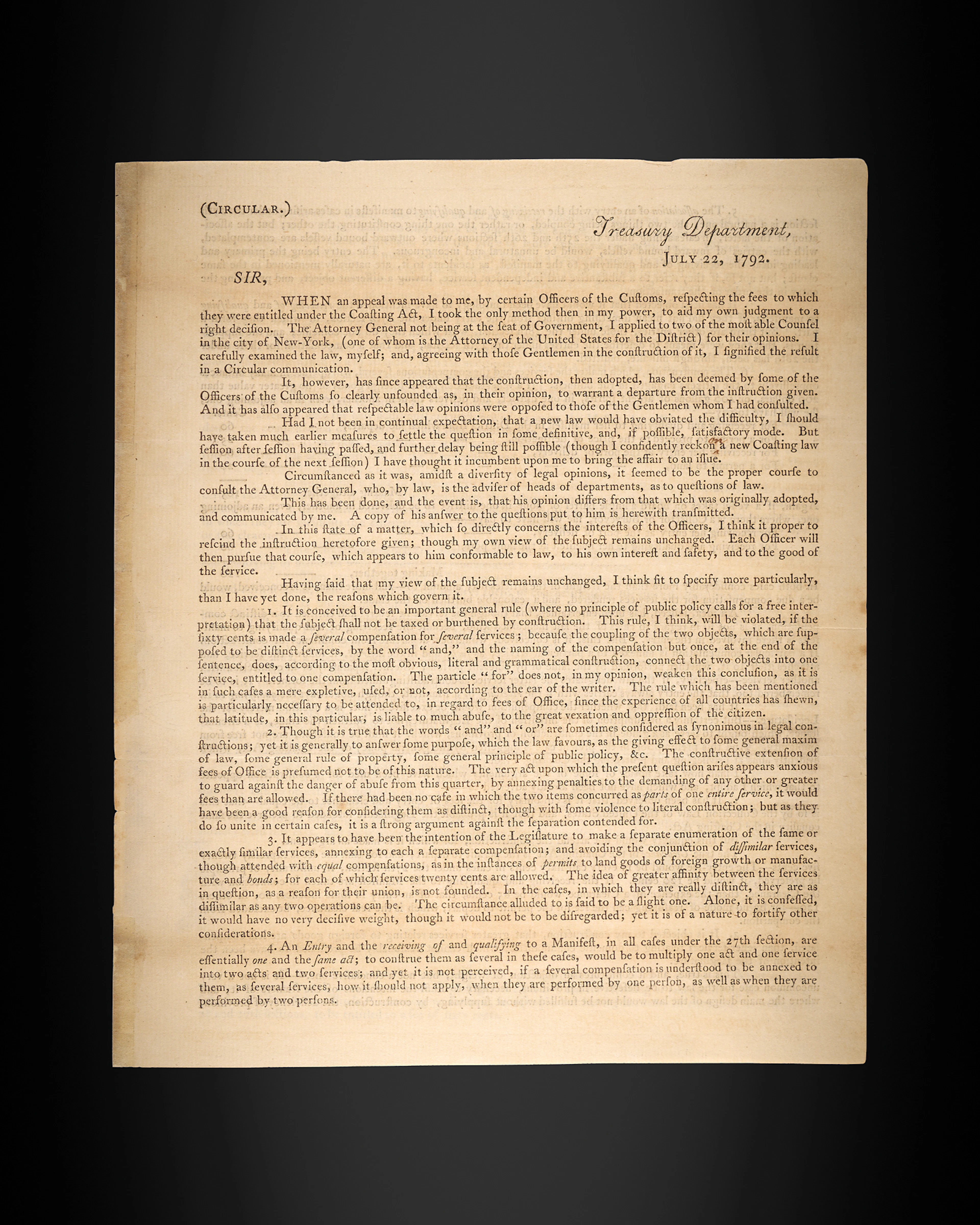 Alexander Hamilton Signed Treasury Department Circular on the Interpretation