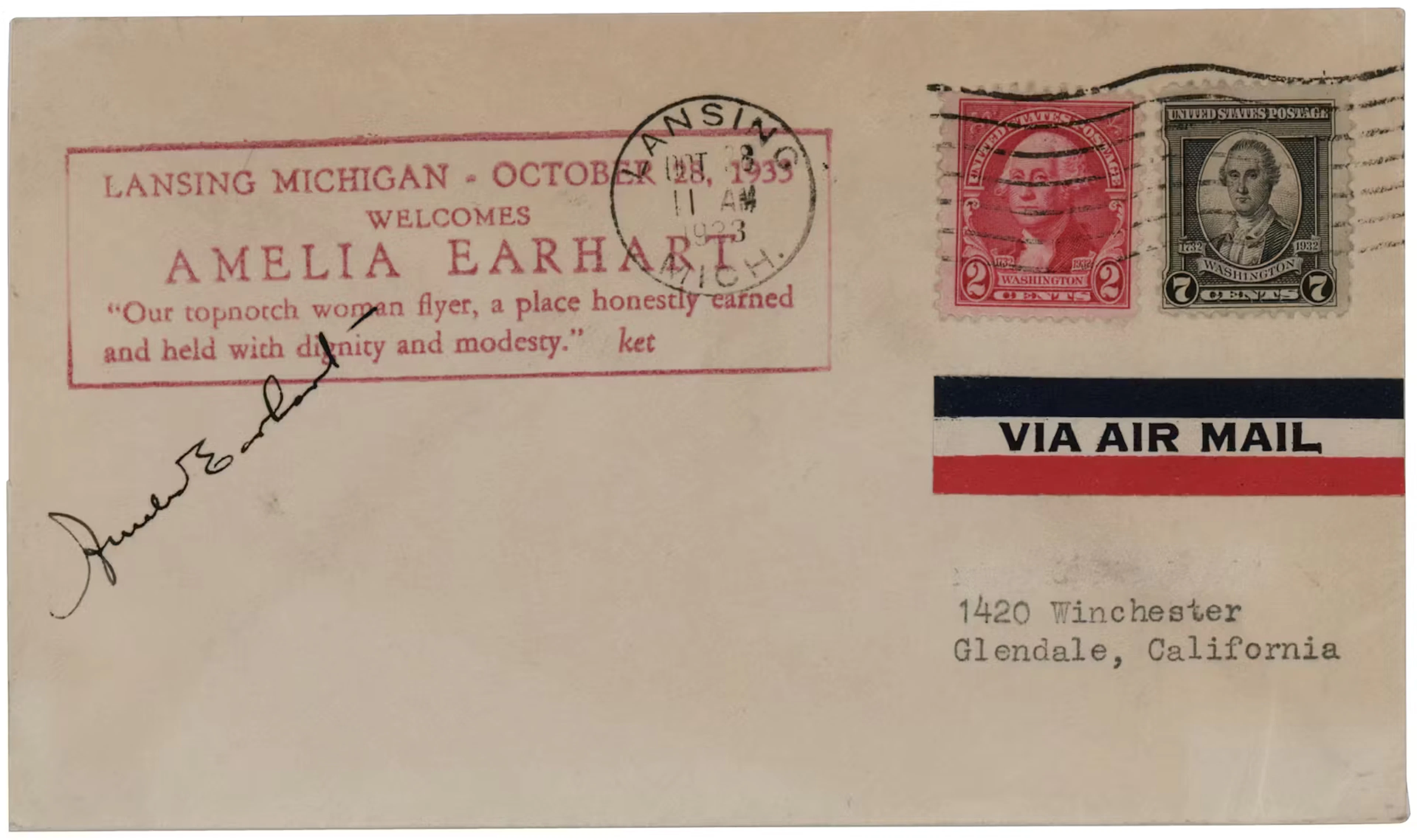 Amelia Earhart Signed Commemorative ‘Air Mail’ Cover (1933)