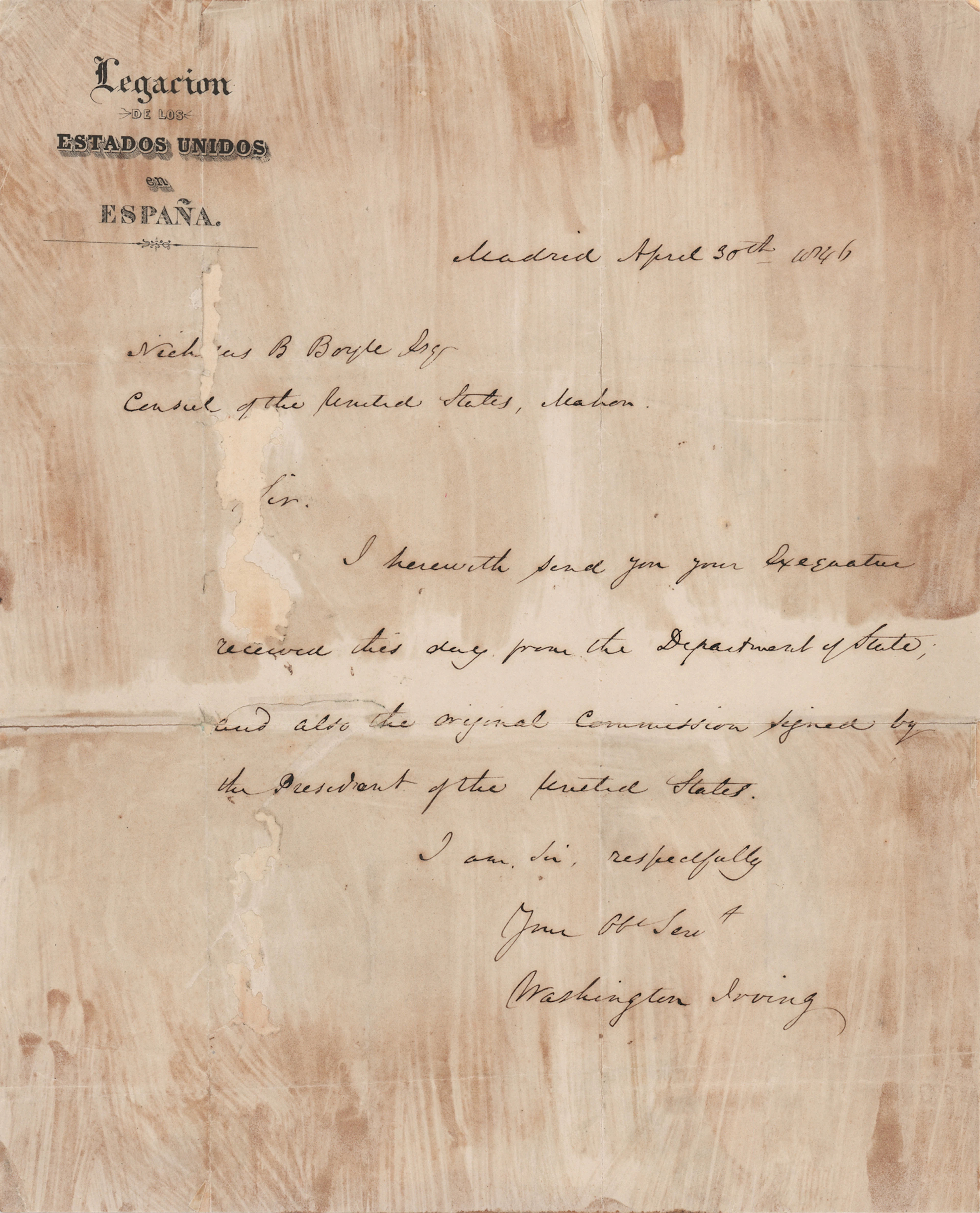 Washington Irving Autograph Letter Signed as U.S. Minister to Spain