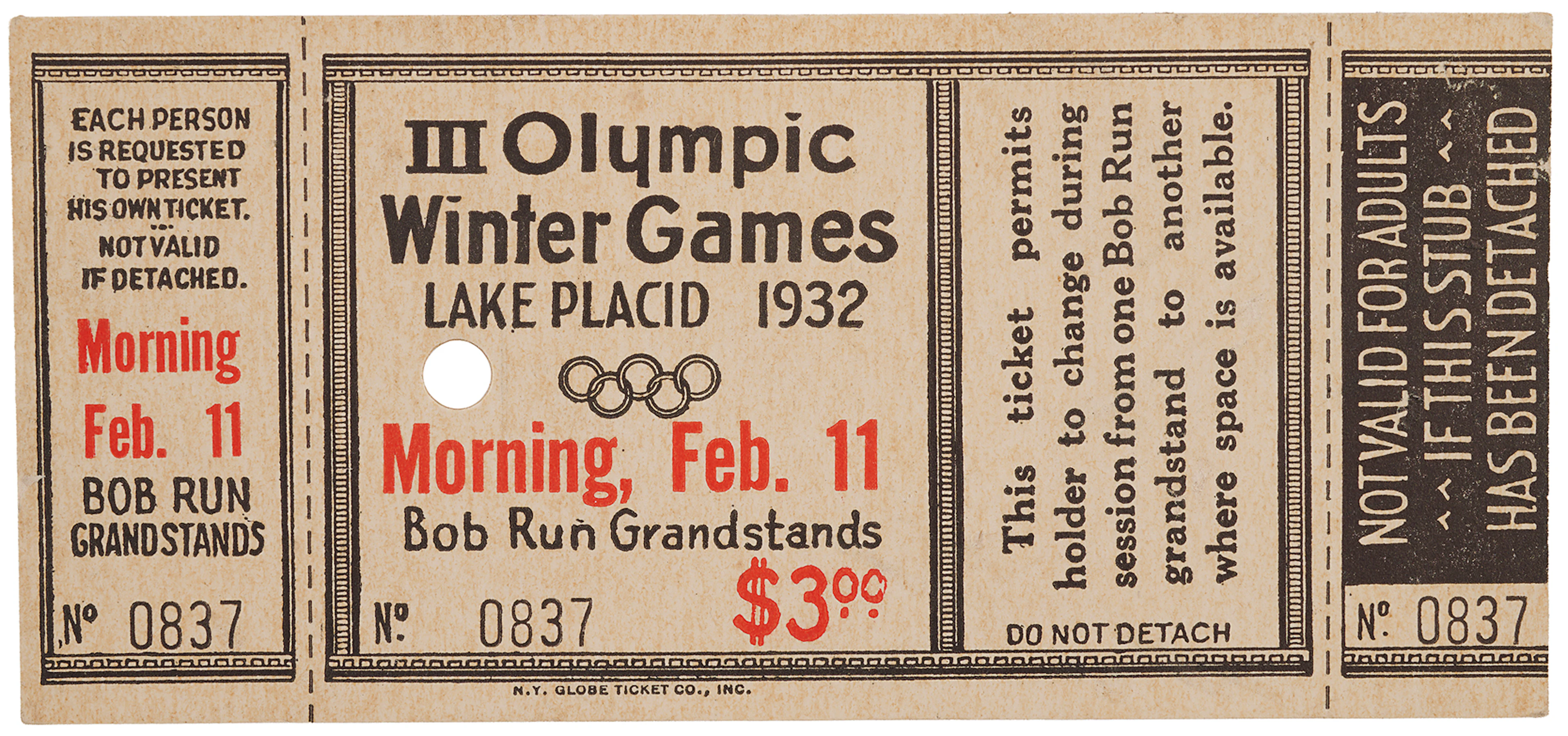 Lake Placid 1932 Winter Olympics Ticket for Bobsled