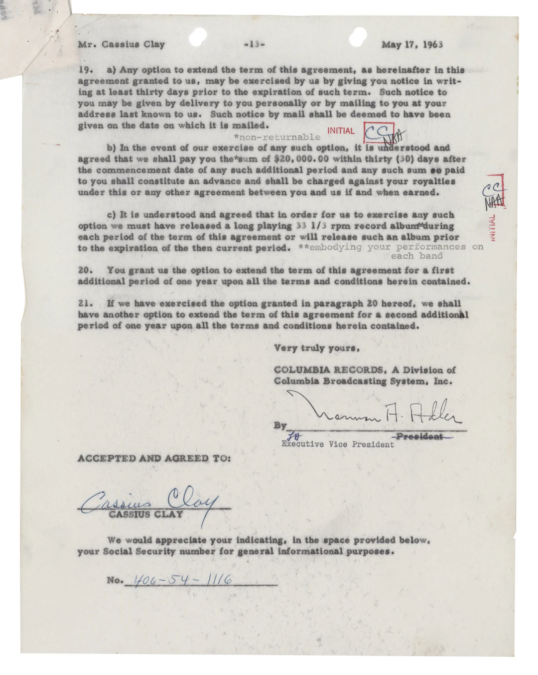 Muhammad Ali Document Signed - Columbia Records Contract as "Cassius