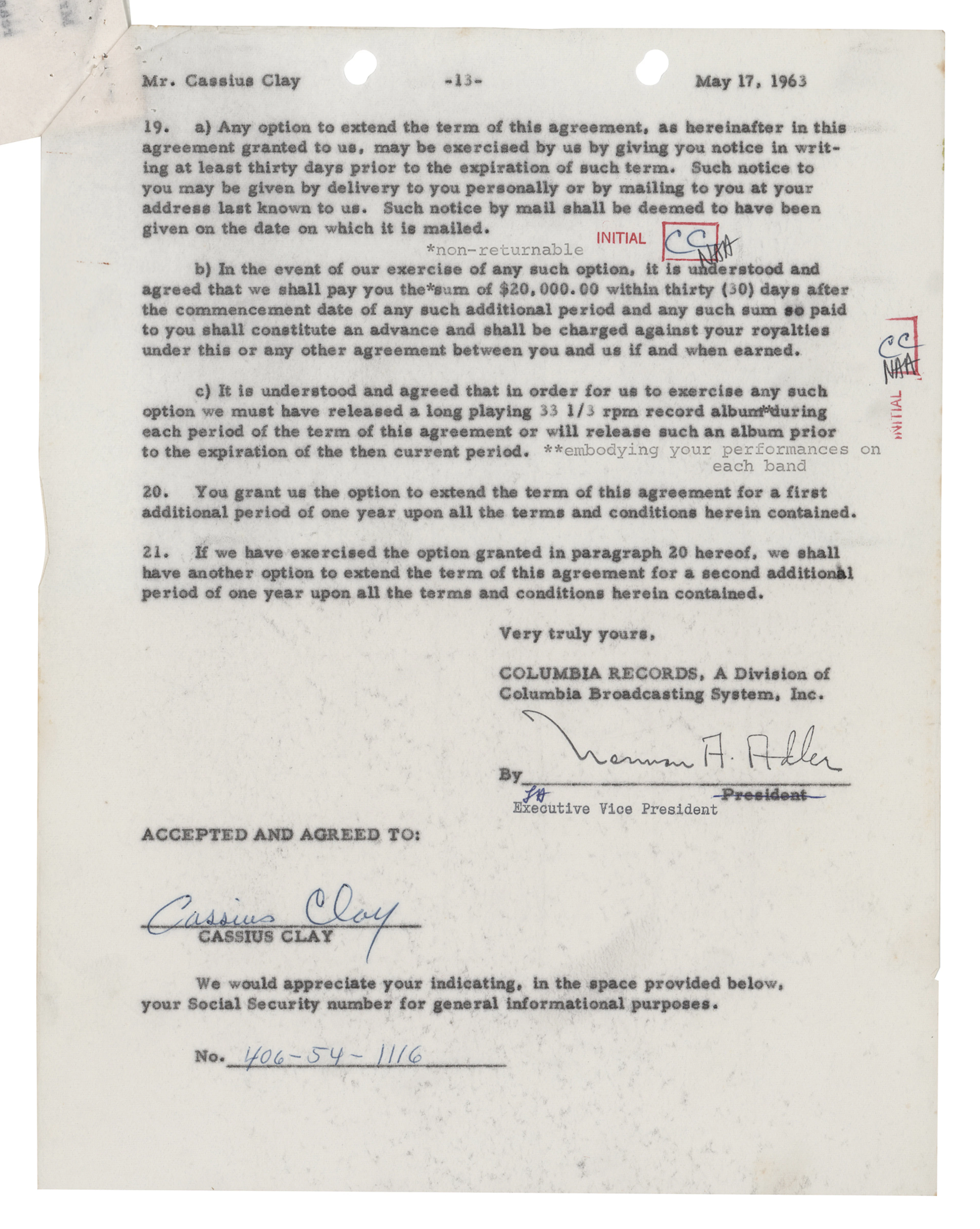 Muhammad Ali Document Signed - Columbia Records Contract as "Cassius