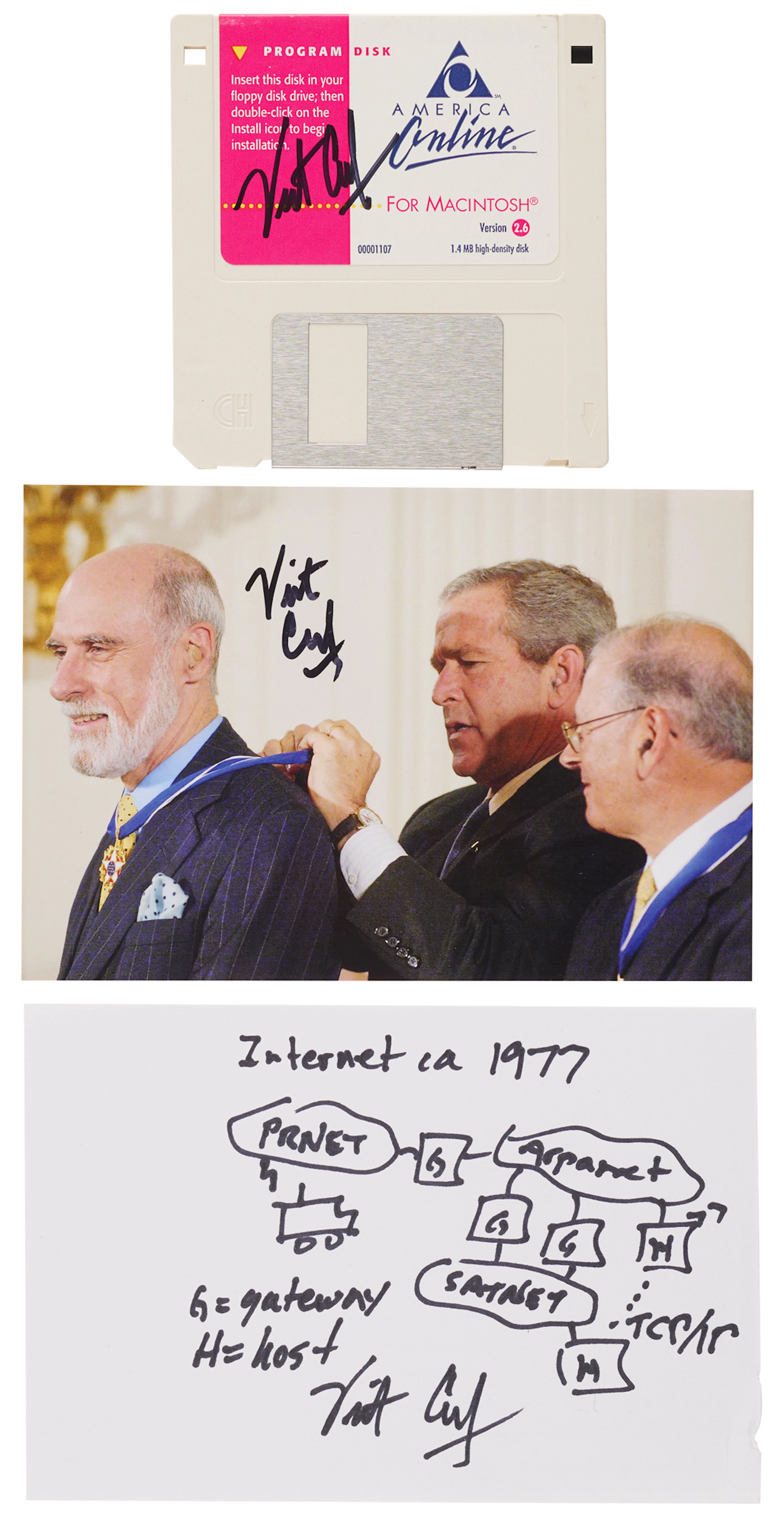 Vint Cerf (3) Signed Items - Sketch, Photograph, and Computer Disk