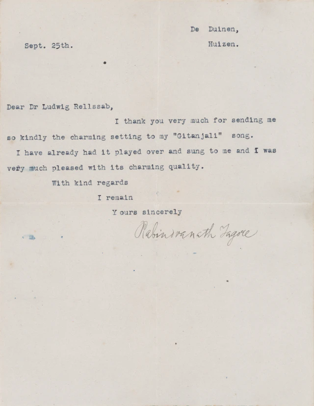 Rabindranath Tagore Typed Letter Signed on a Musical Setting for 'Gitanjali'