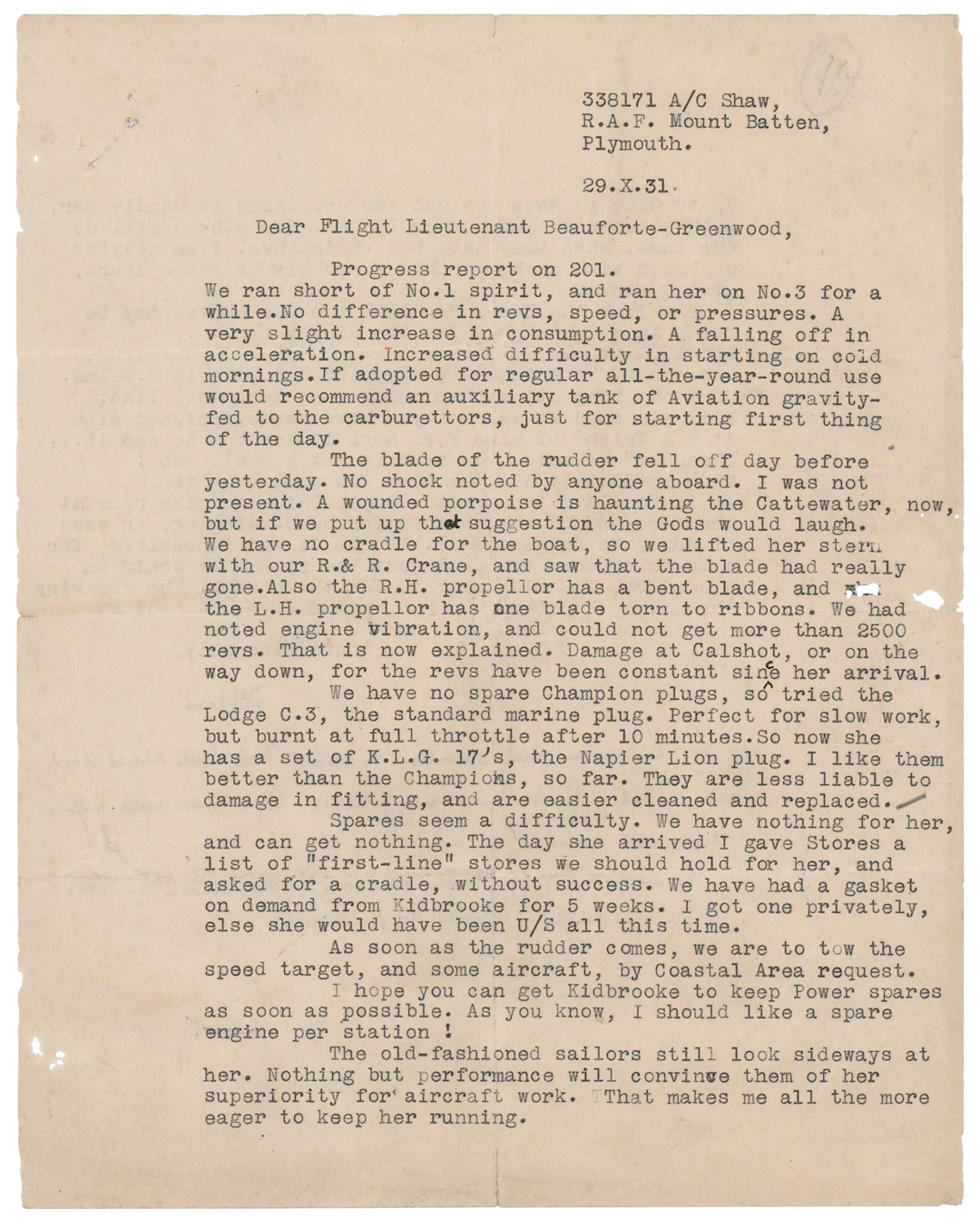T. E. Lawrence Typed Letter Signed on Royal Air Force Matters and