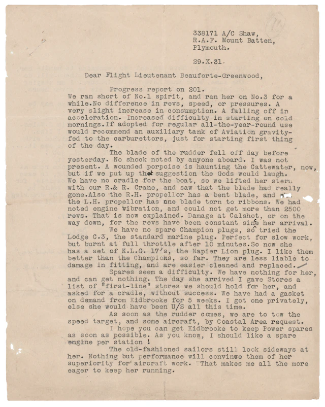 T. E. Lawrence Typed Letter Signed on Royal Air Force Matters and