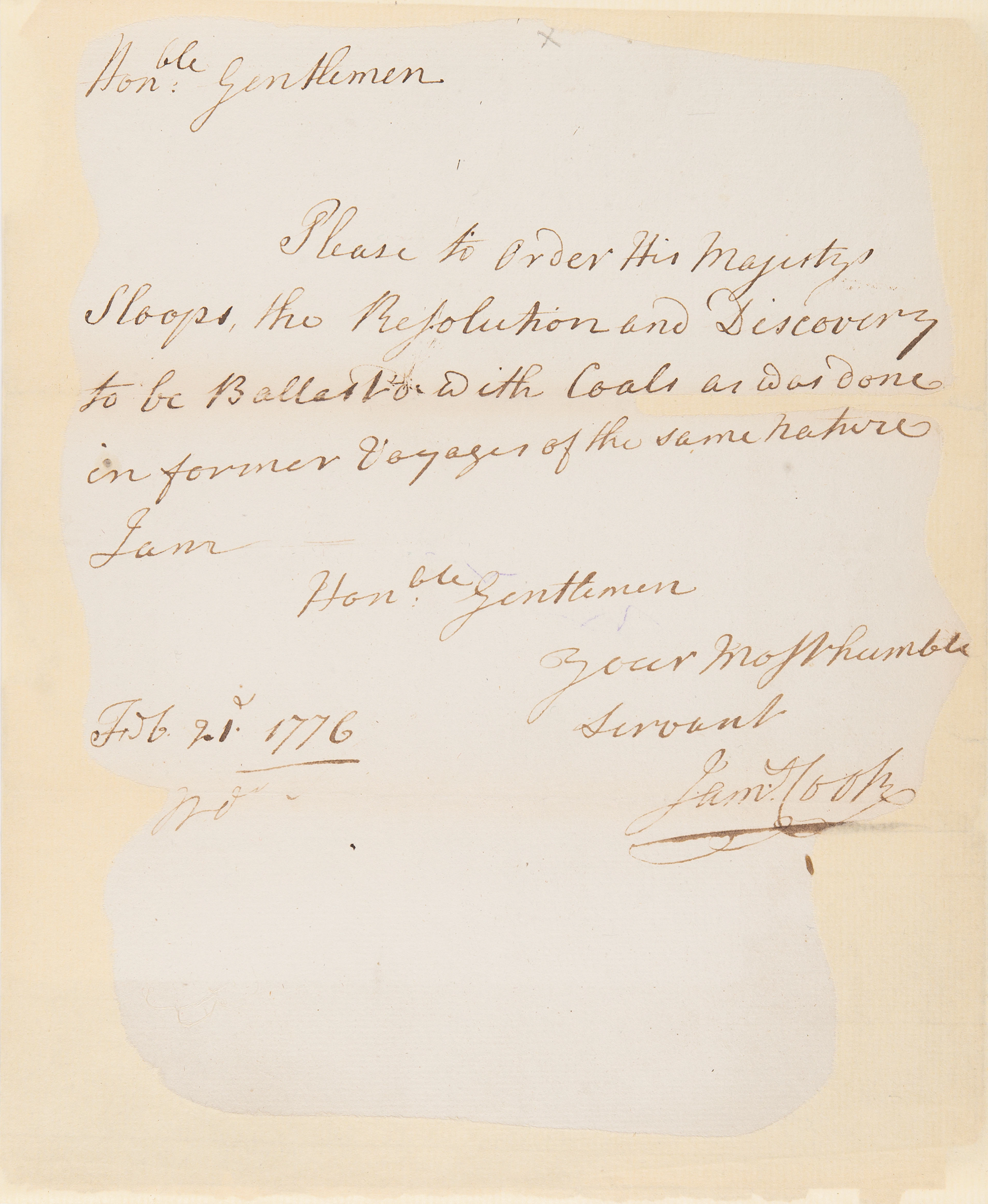 James Cook Autograph Letter Signed, Outfitting the HMS Resolution