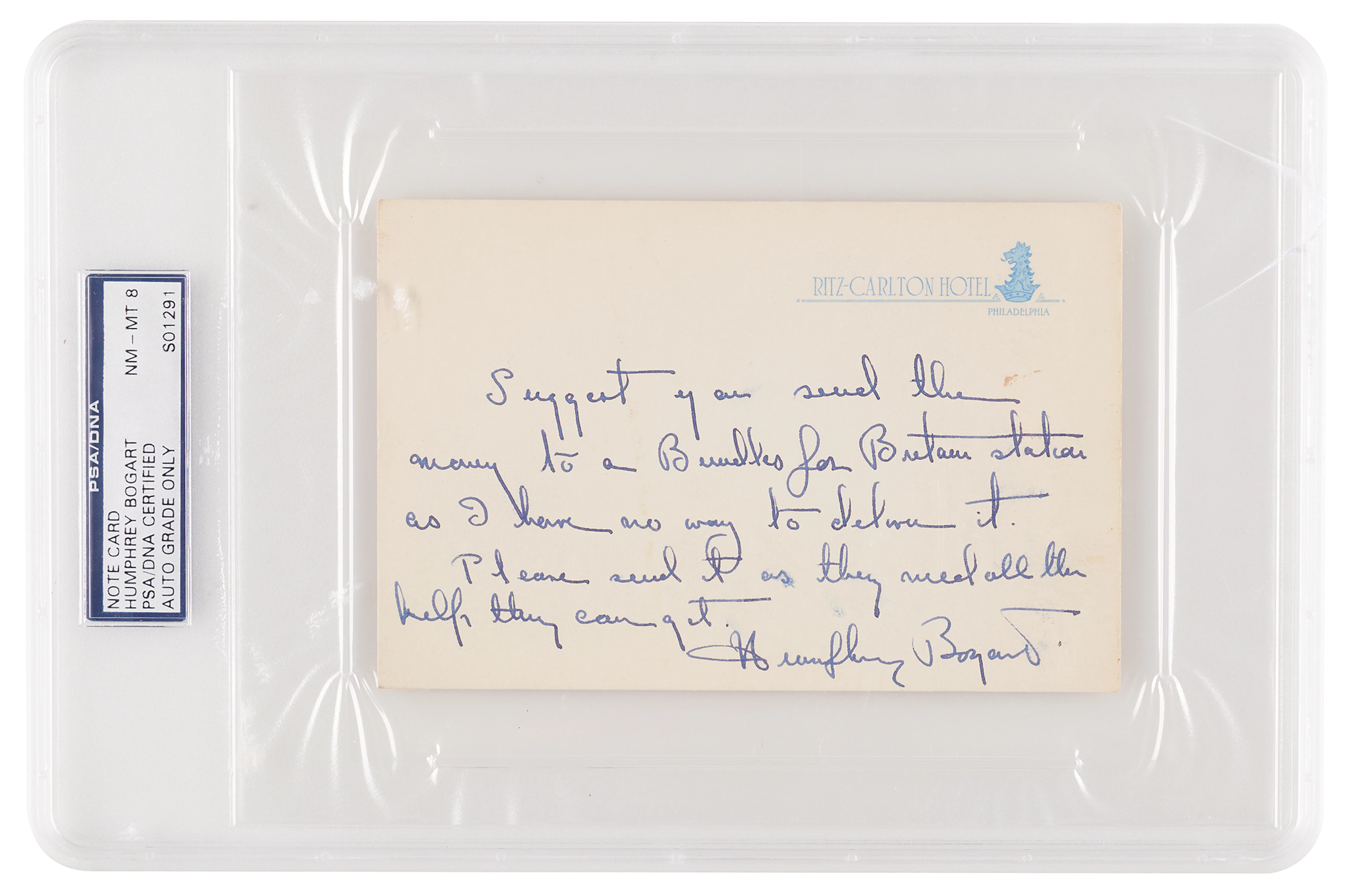 Humphrey Bogart Autograph Note Signed on Bundles for Britain - PSA NM-MT 8