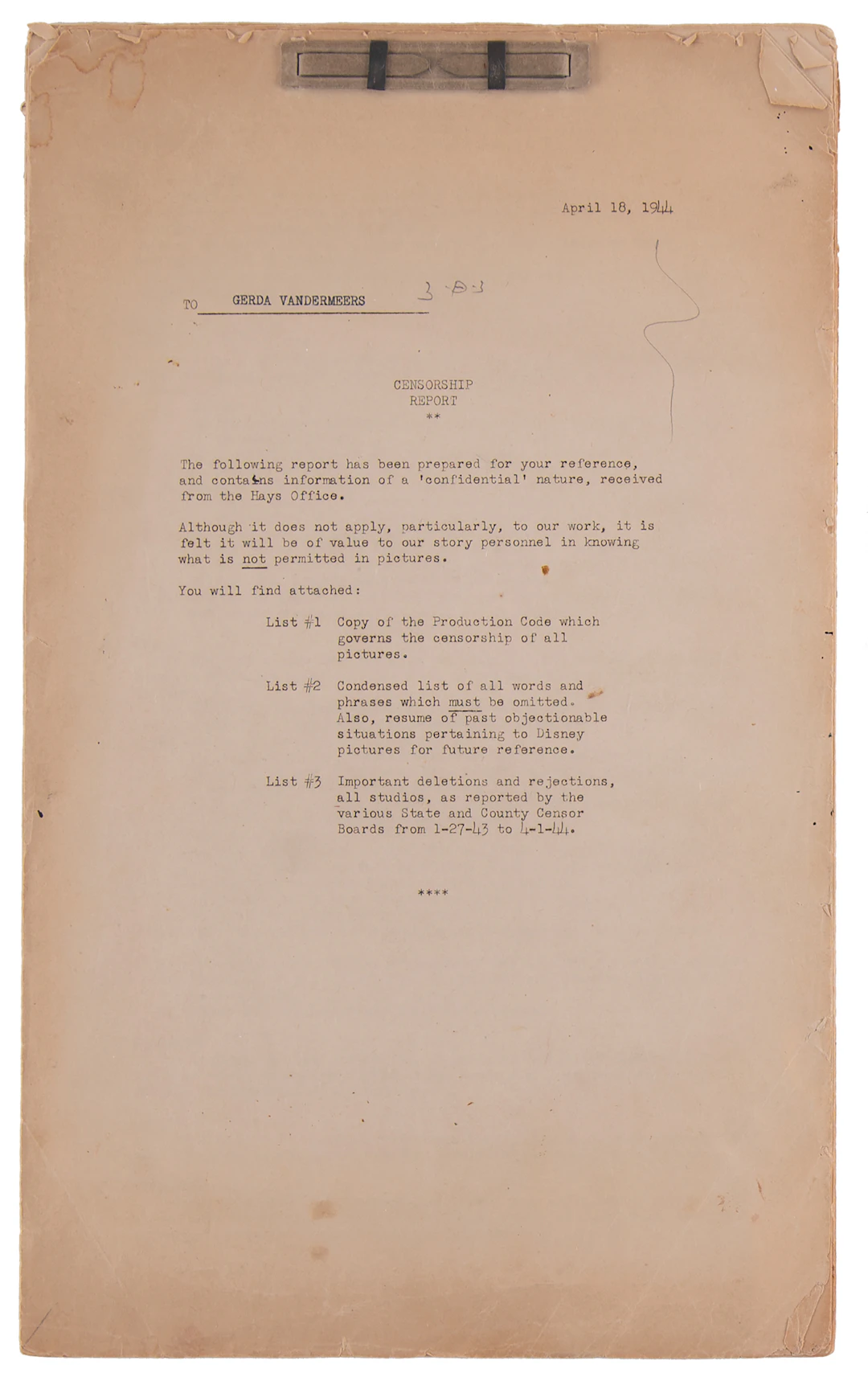 Walt Disney Studios: Hays Office Censorship Report (1944)