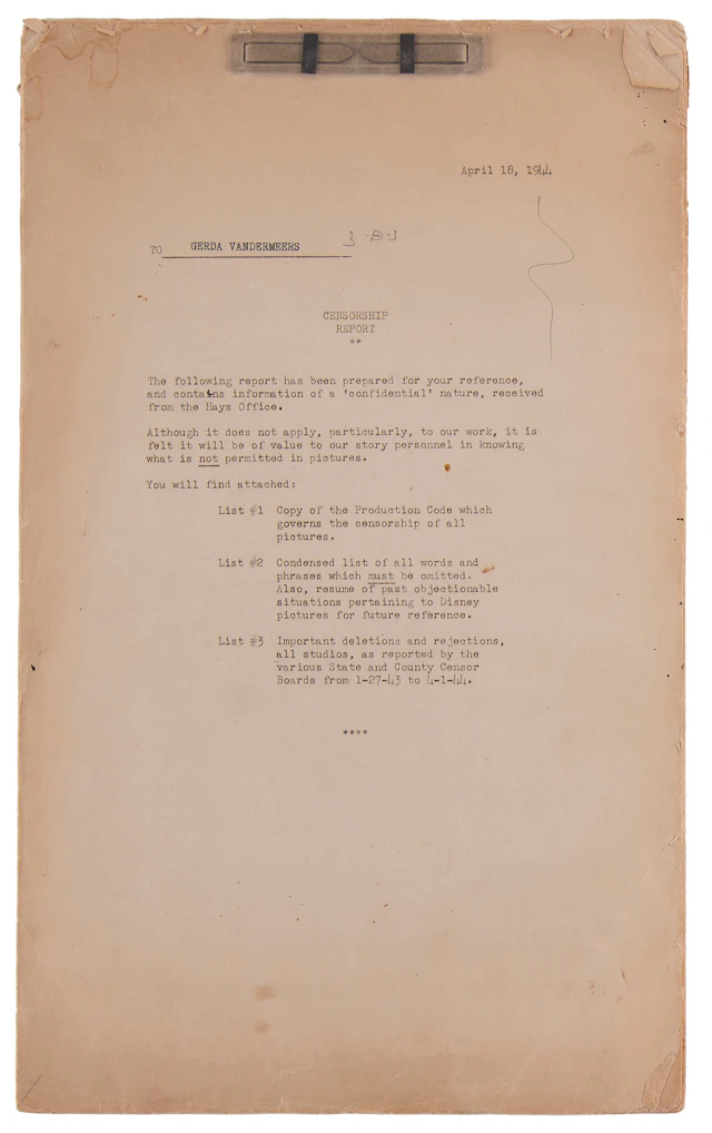 Walt Disney Studios: Hays Office Censorship Report (1944)