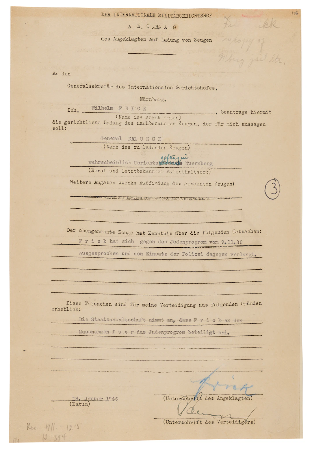 Wilhelm Frick Document Signed at Nuremberg, Distancing Himself from