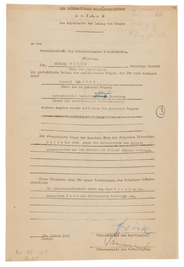 Wilhelm Frick Document Signed at Nuremberg, Distancing Himself from