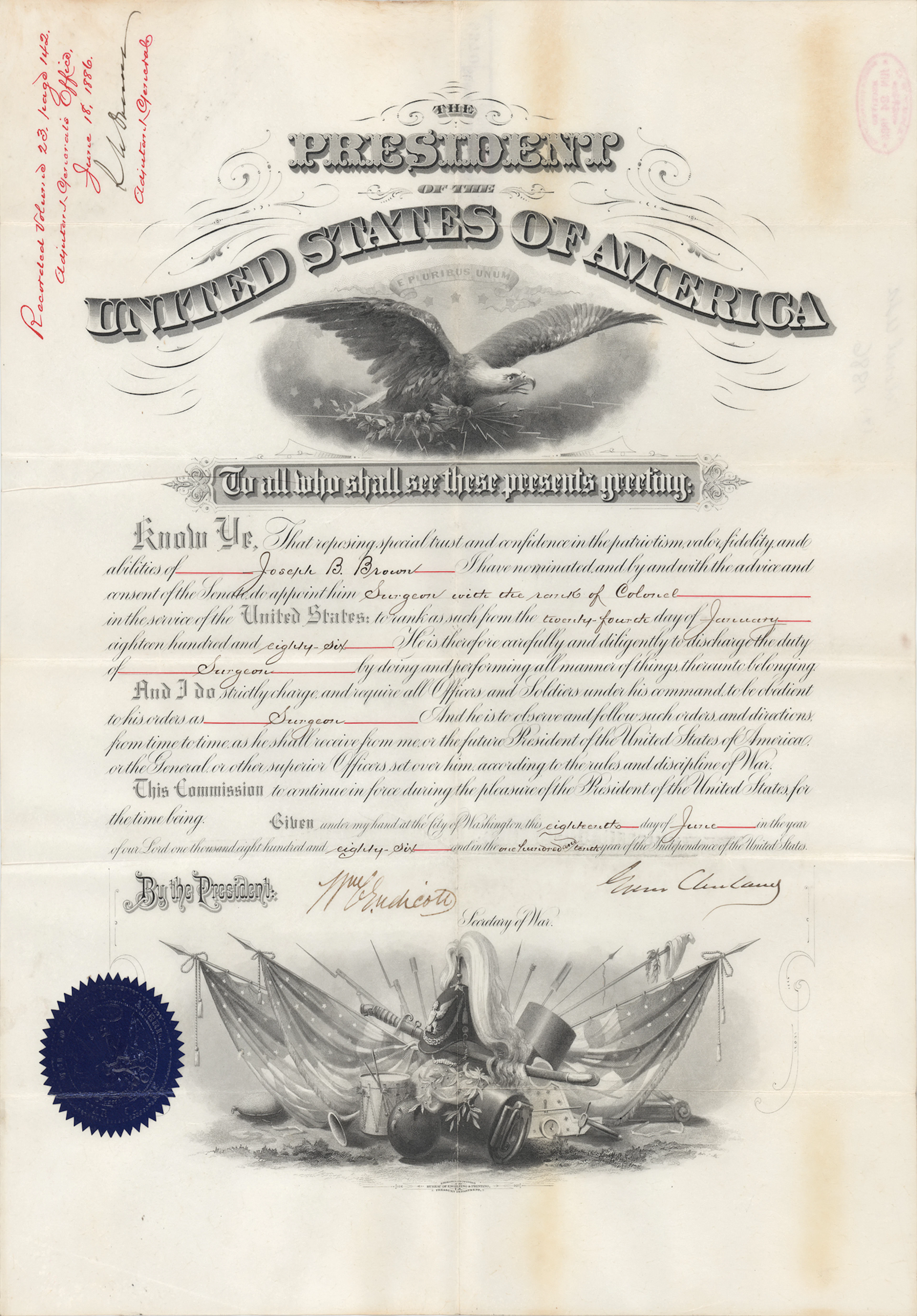 Grover Cleveland Document Signed as President, Appointing an Army Surgeon
