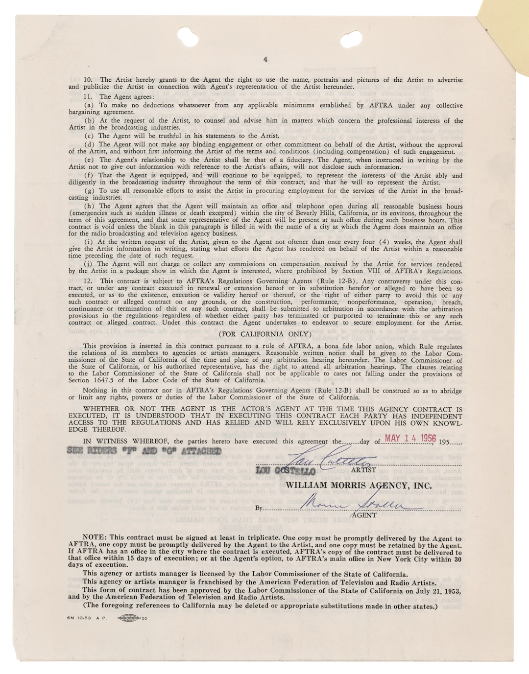 Lou Costello Document Signed