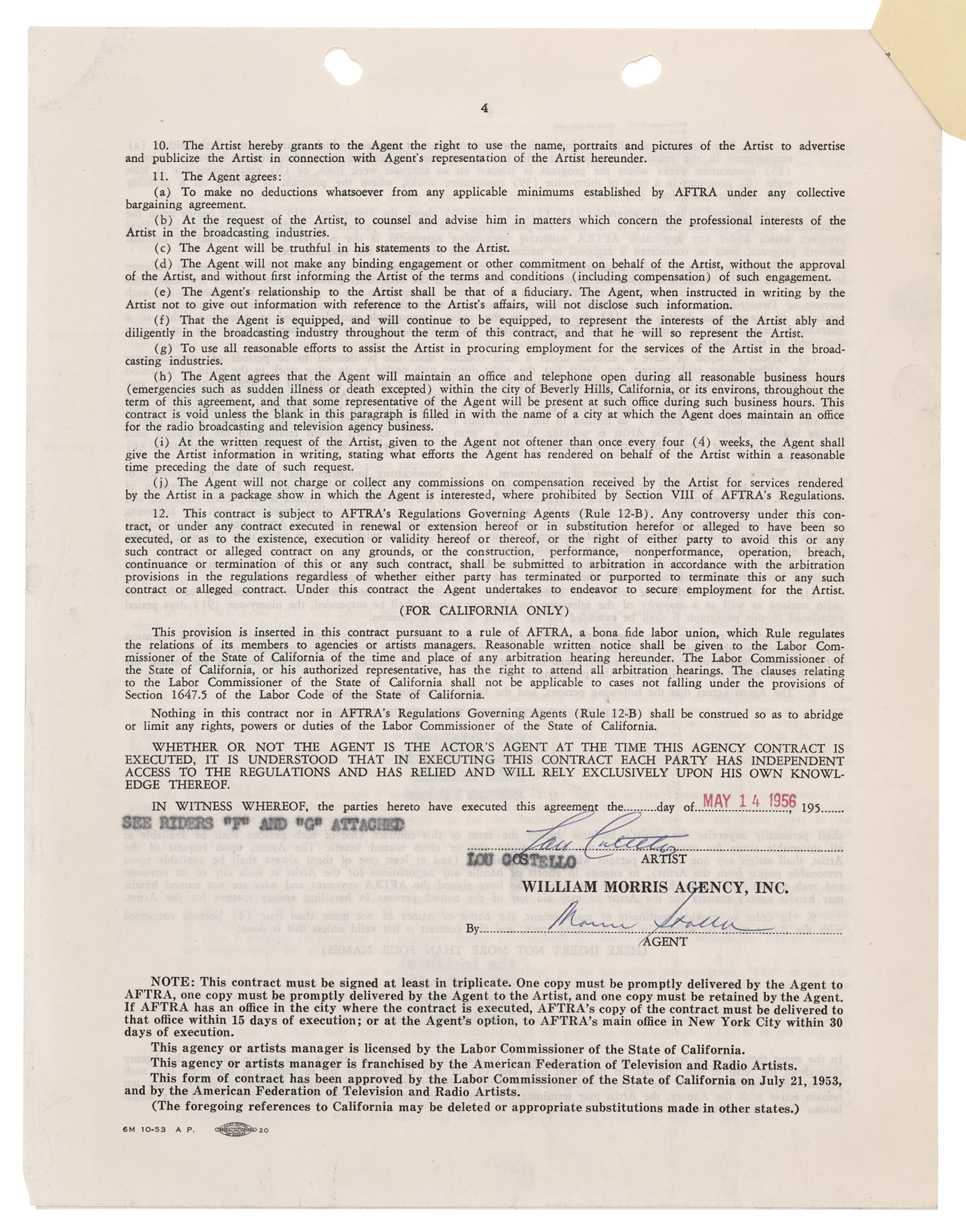 Lou Costello Document Signed