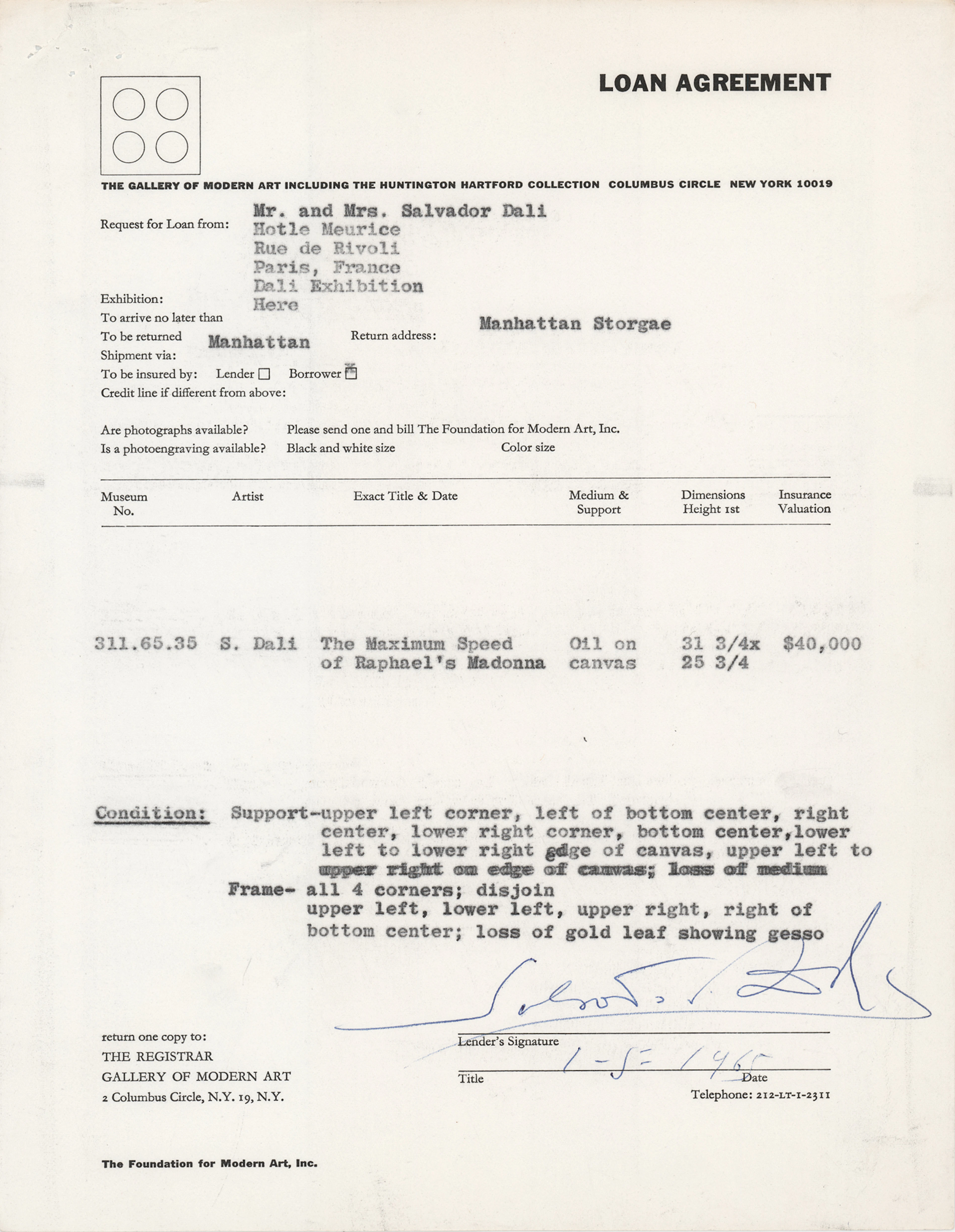 Salvador Dali Document Signed - Loan Agreement for 'The Maximum Speed