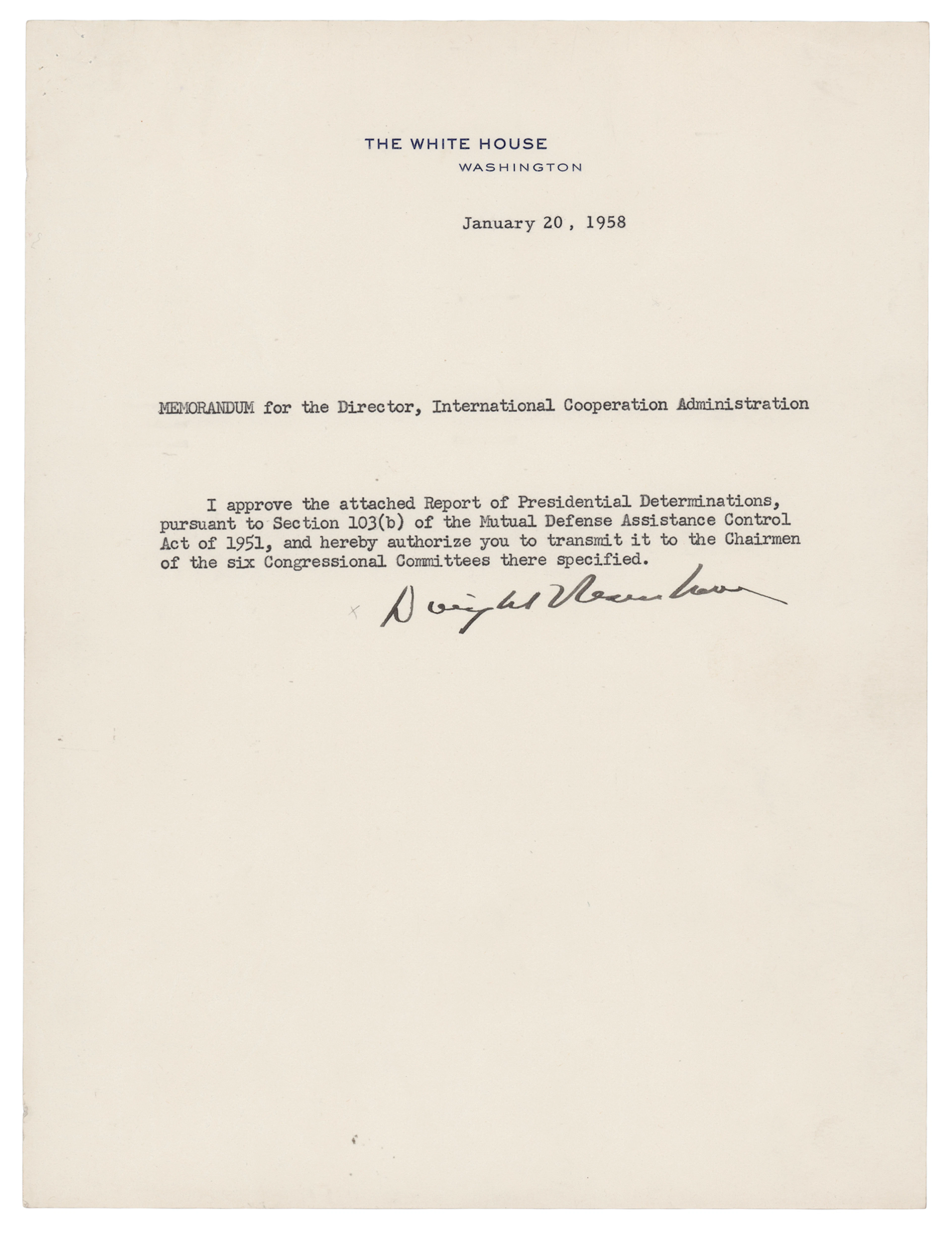Dwight D. Eisenhower Document Signed as President, Concerning the