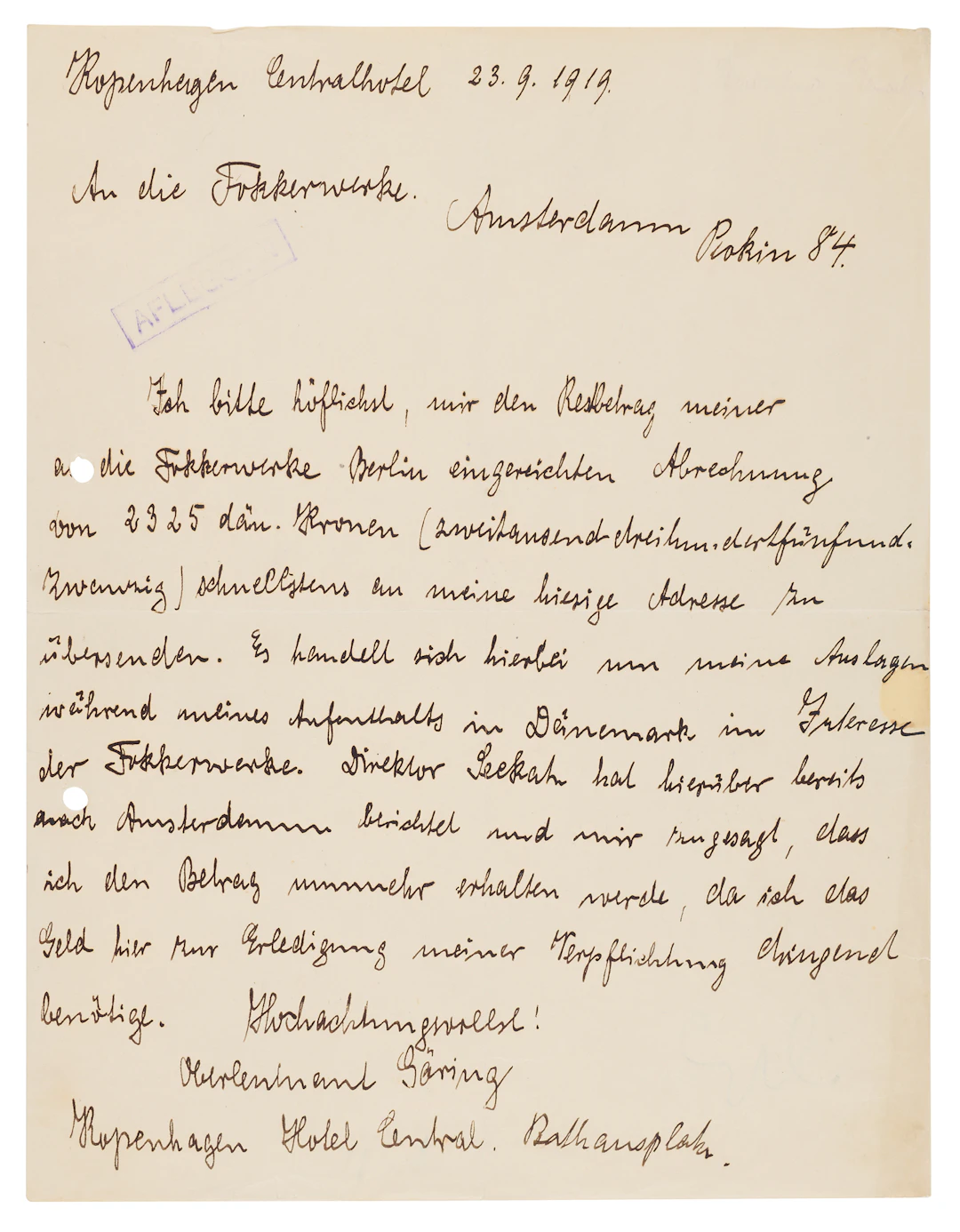 Hermann Göring Autograph Letter Signed to Anthony Fokker, Seeking