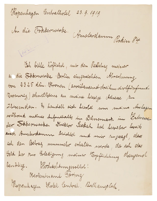 Hermann Göring Autograph Letter Signed to Anthony Fokker, Seeking