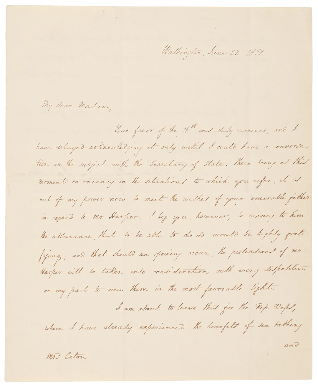 Andrew Jackson Letter Signed as President on a Government Appointment