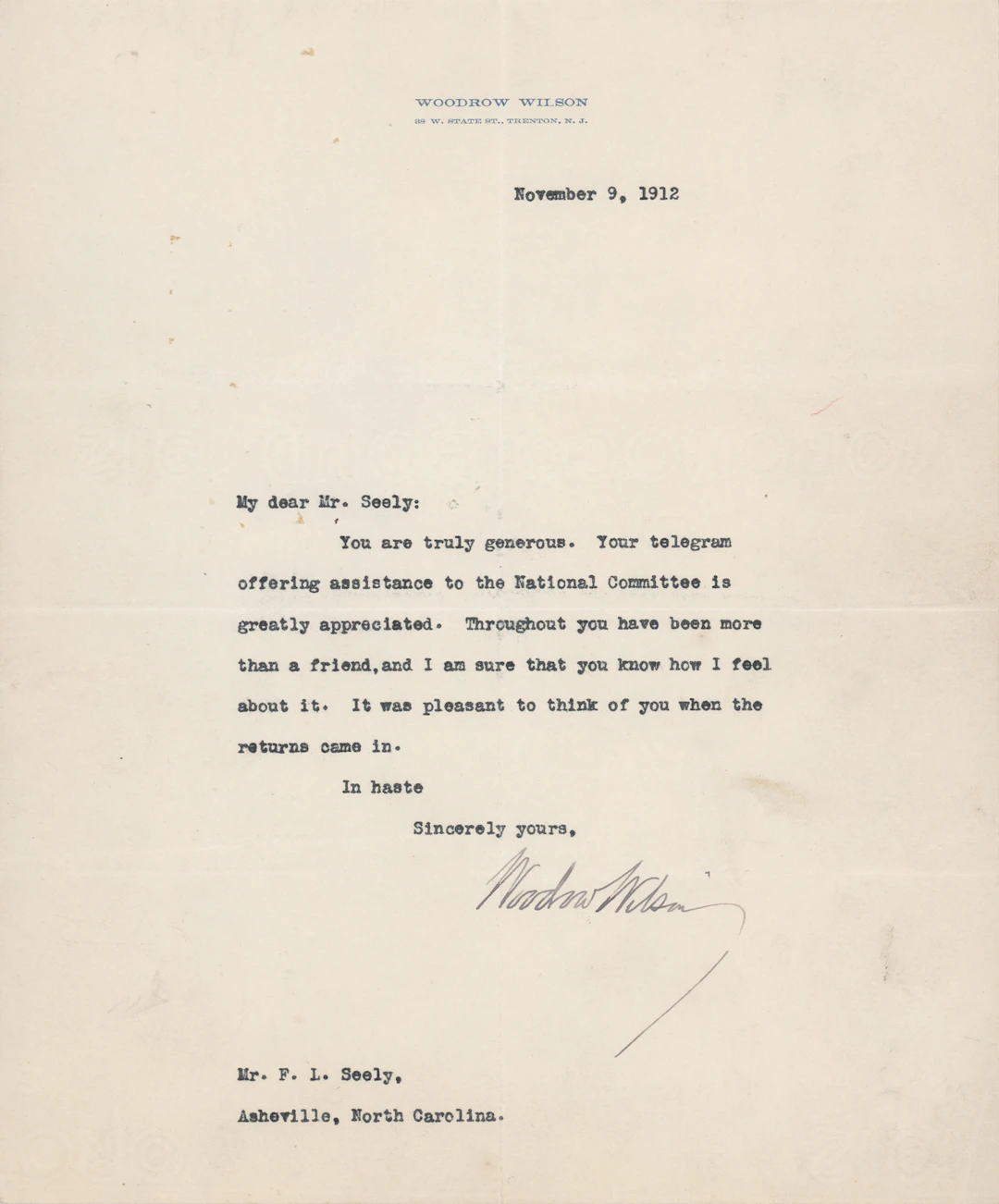 Woodrow Wilson Typed Letter Signed on the 1912 Presidential Election: