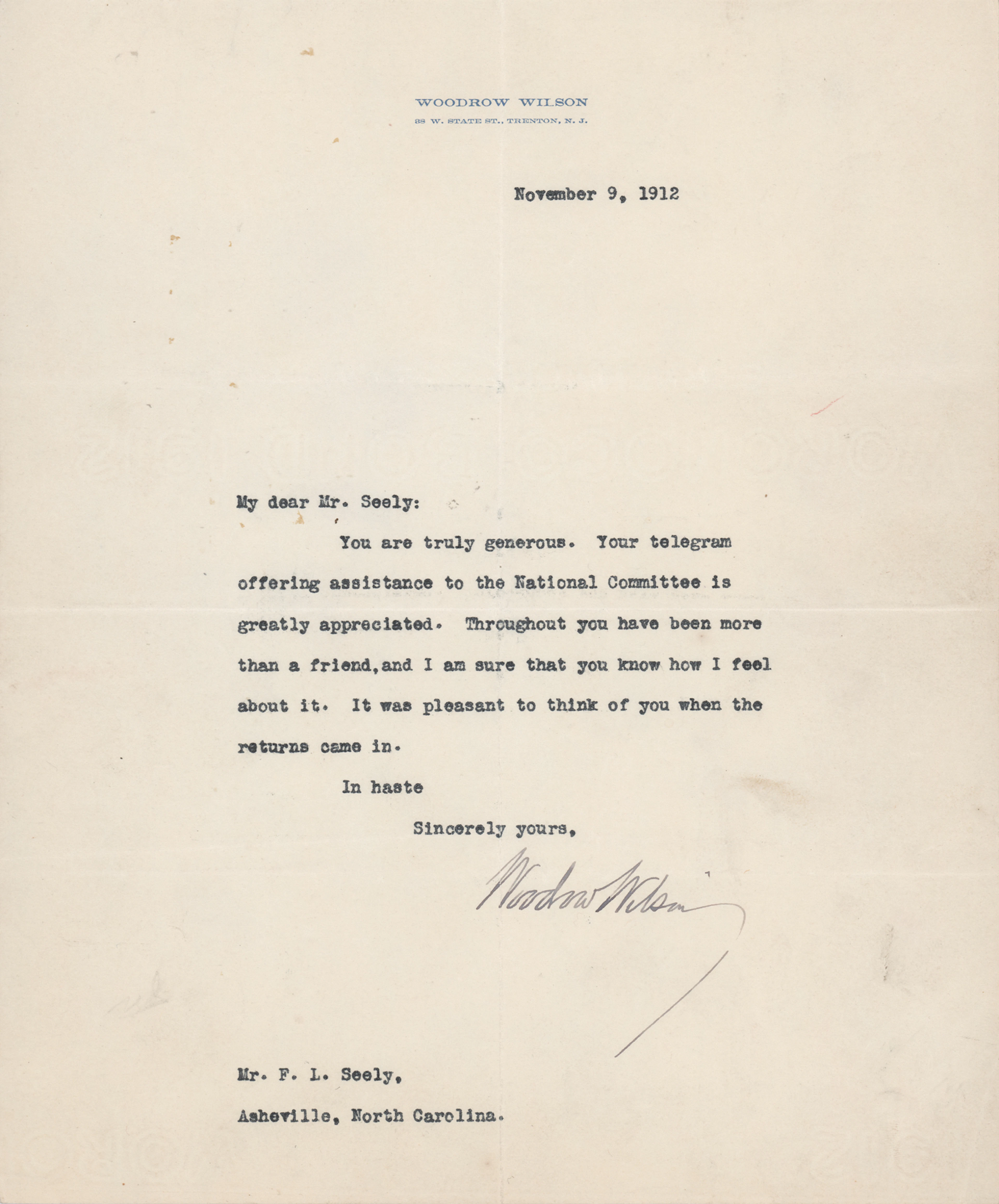 Woodrow Wilson Typed Letter Signed on the 1912 Presidential Election: