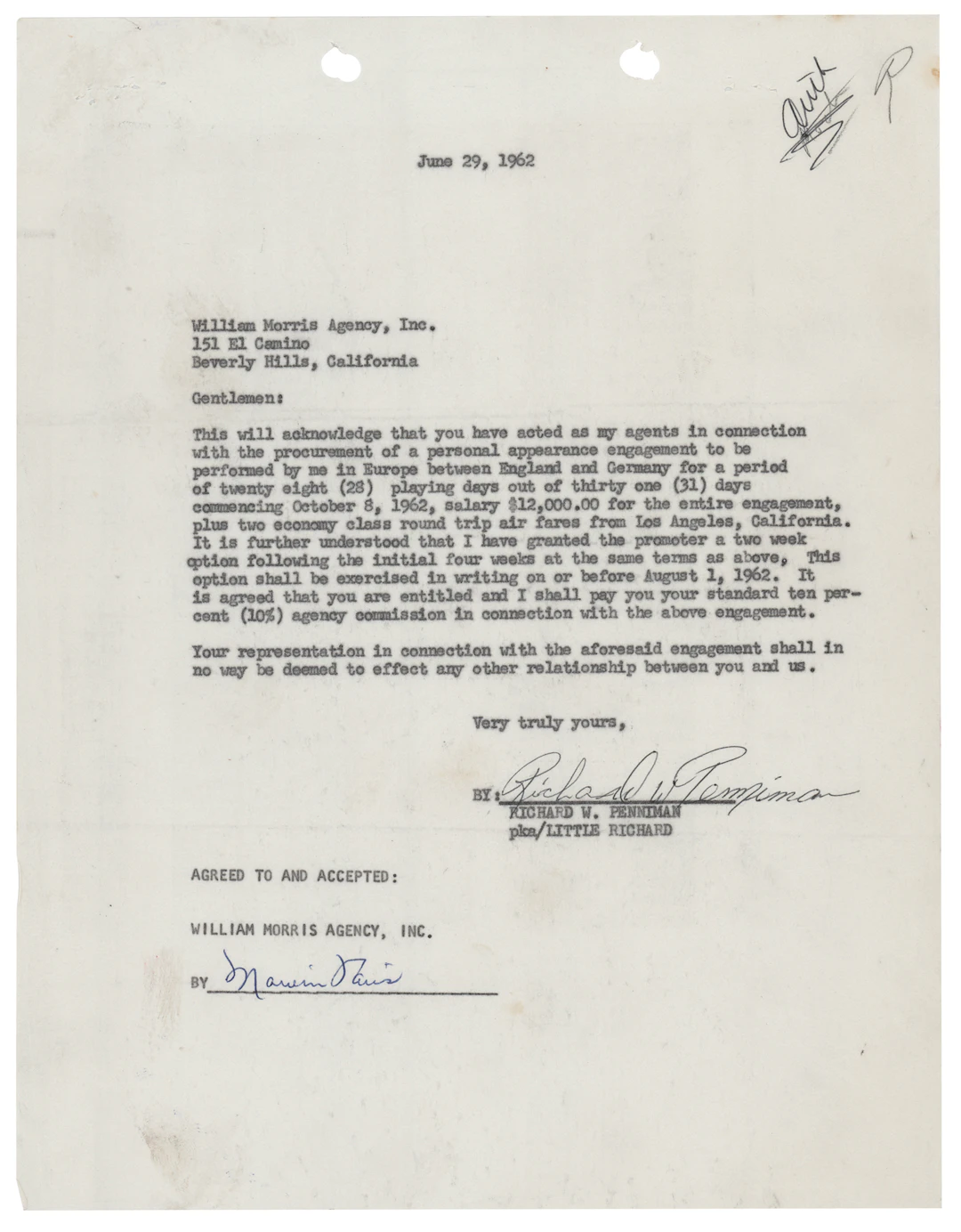 Little Richard 1962 European Tour Contract Signed with His Given Name