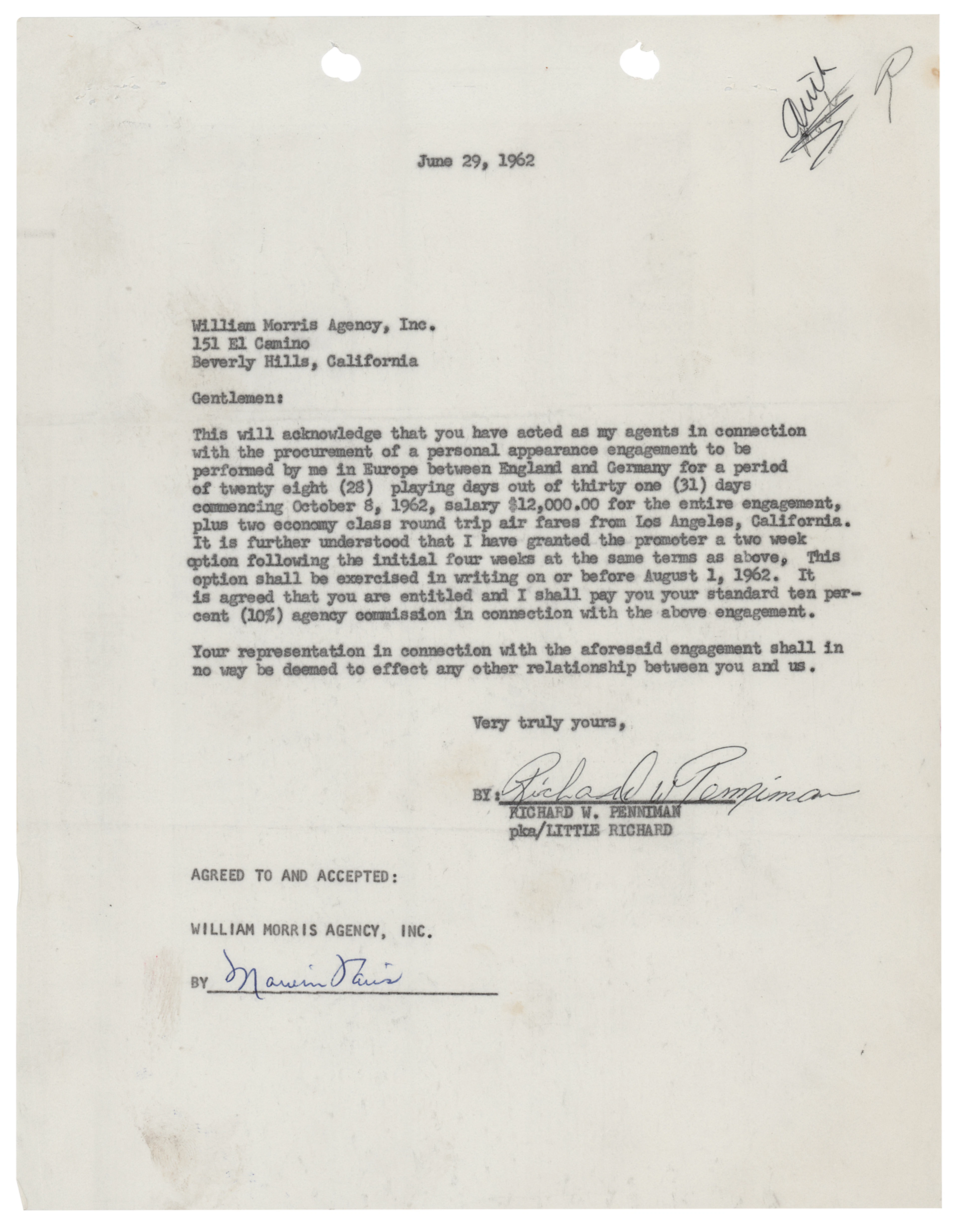Little Richard 1962 European Tour Contract Signed with His Given Name