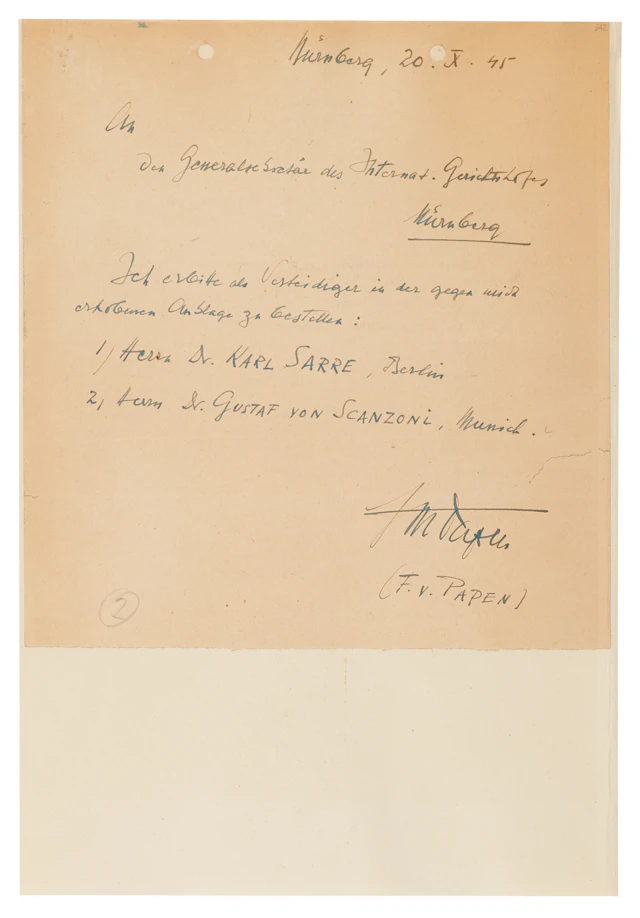 Franz von Papen Autograph Letter Signed at Nuremberg, Appointing His Attorneys