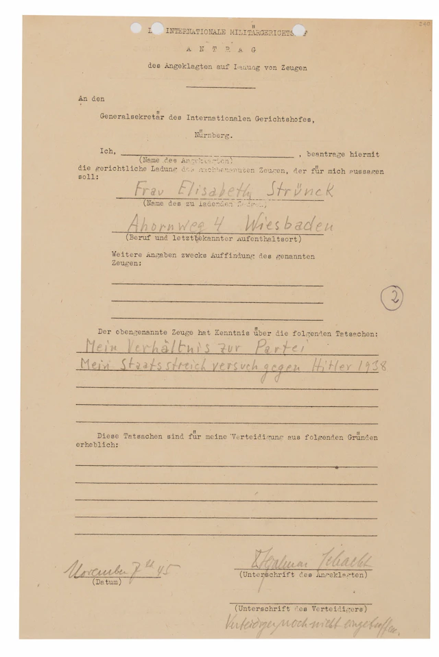 Hjalmar Schacht Document Signed at Nuremberg, Calling for Testimony