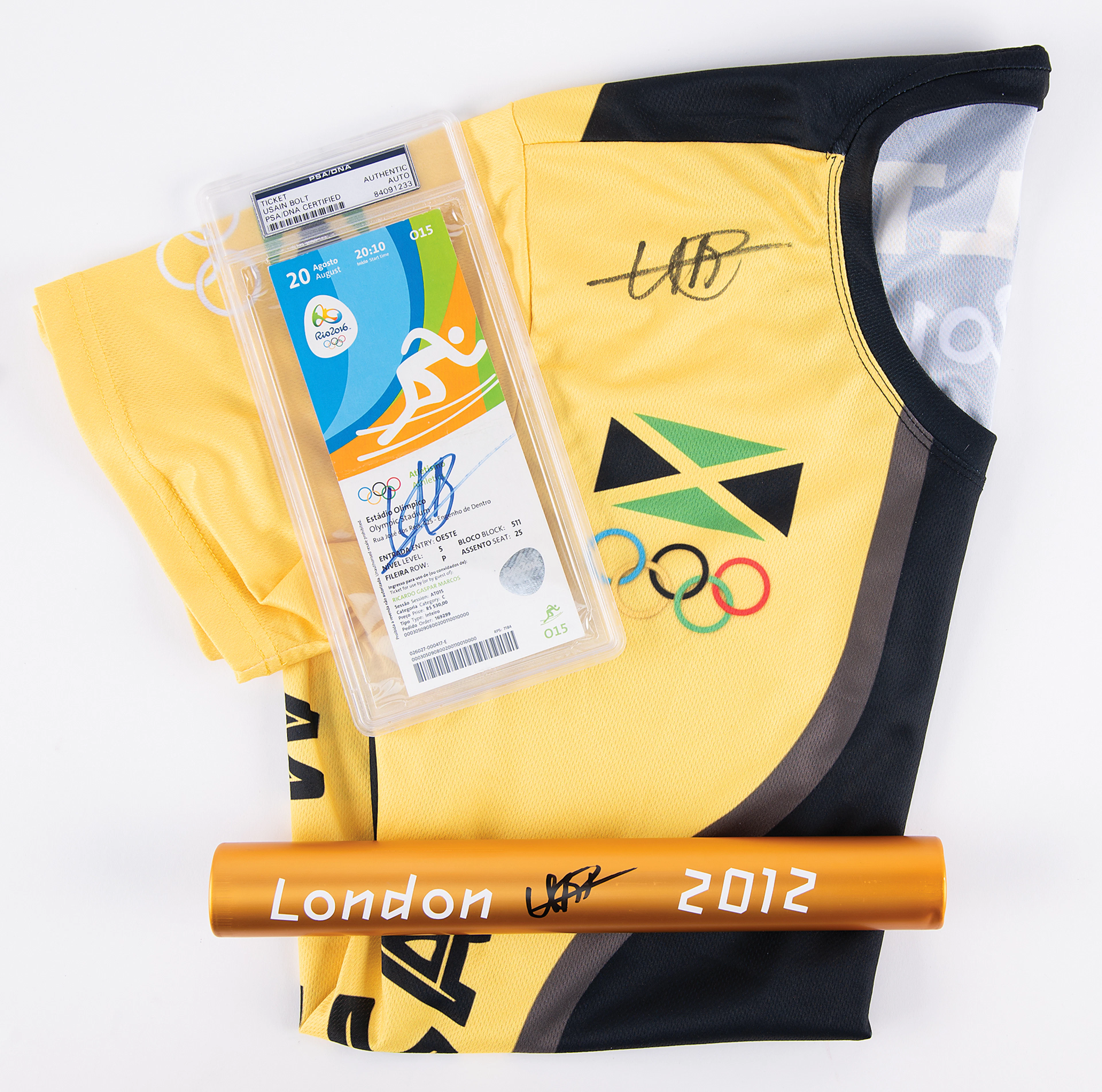 Usain Bolt (3) Signed Items - Jersey, Baton, and Ticket