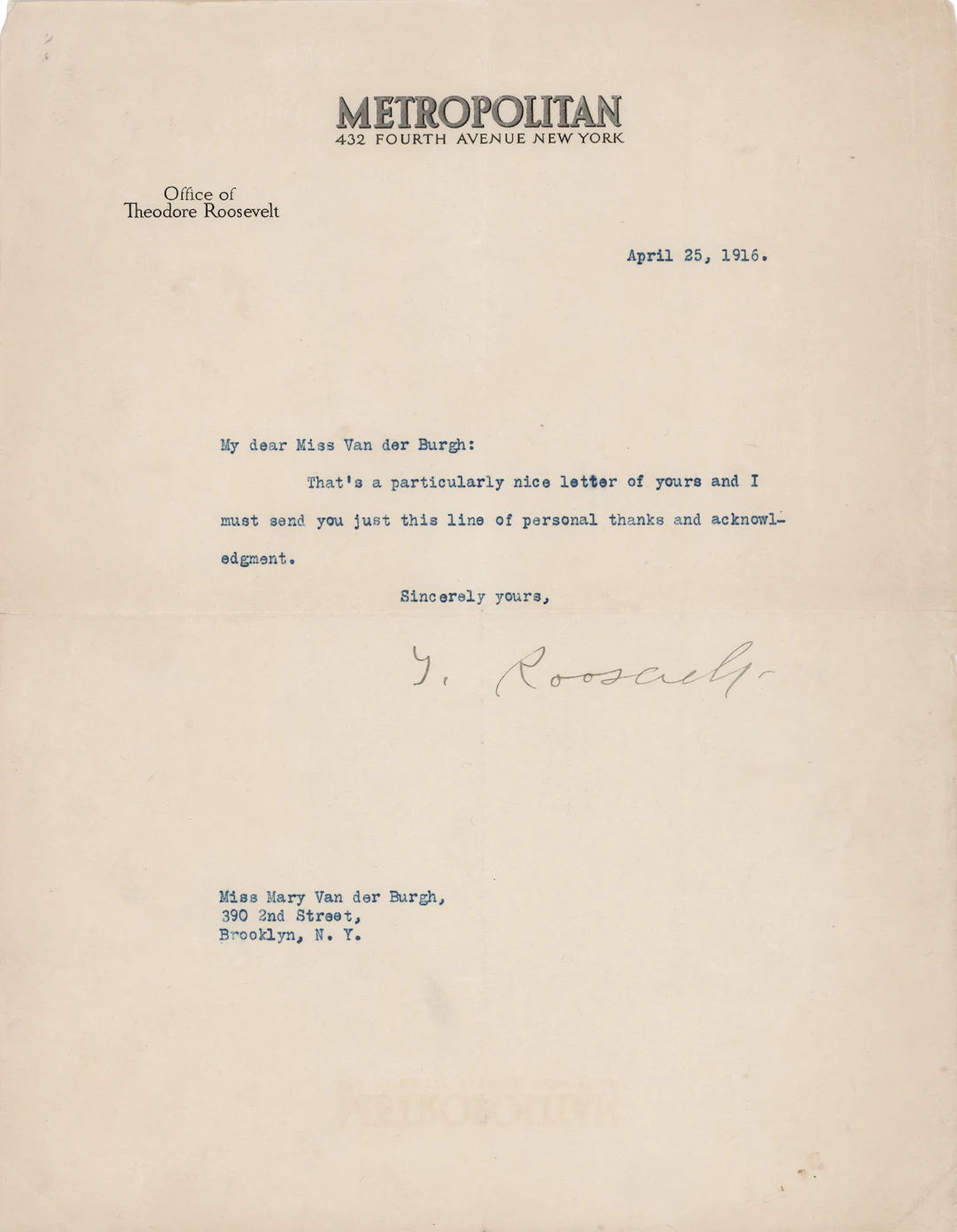 Theodore Roosevelt Typed Letter Signed