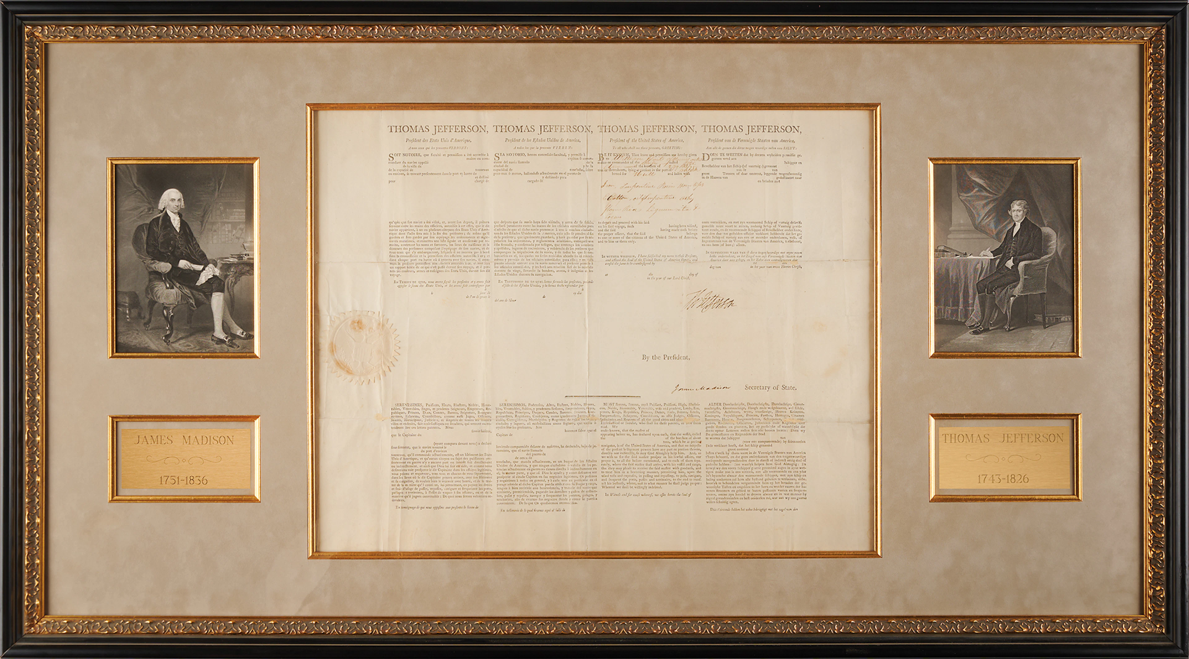 Thomas Jefferson and James Madison Signed Four-Language Ship's Passport