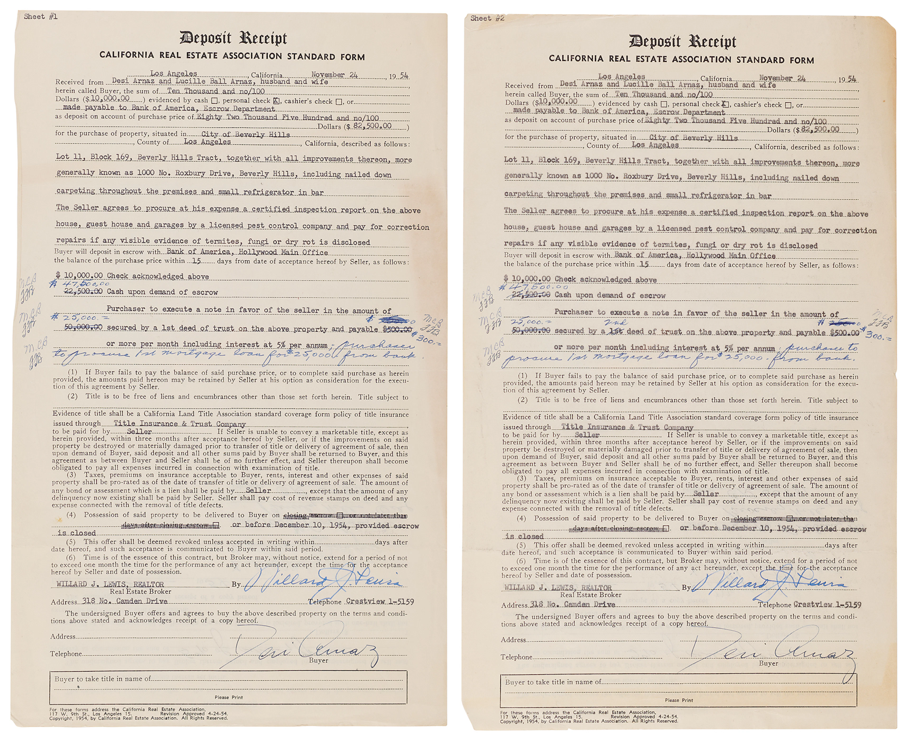 Desi Arnaz (2) Documents Signed for the Purchase of a Beverly Hills Mansion