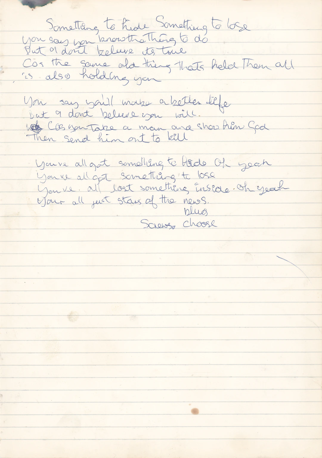 Badfinger: Pete Ham Original Handwritten Lyrics for 'Something to Hide'