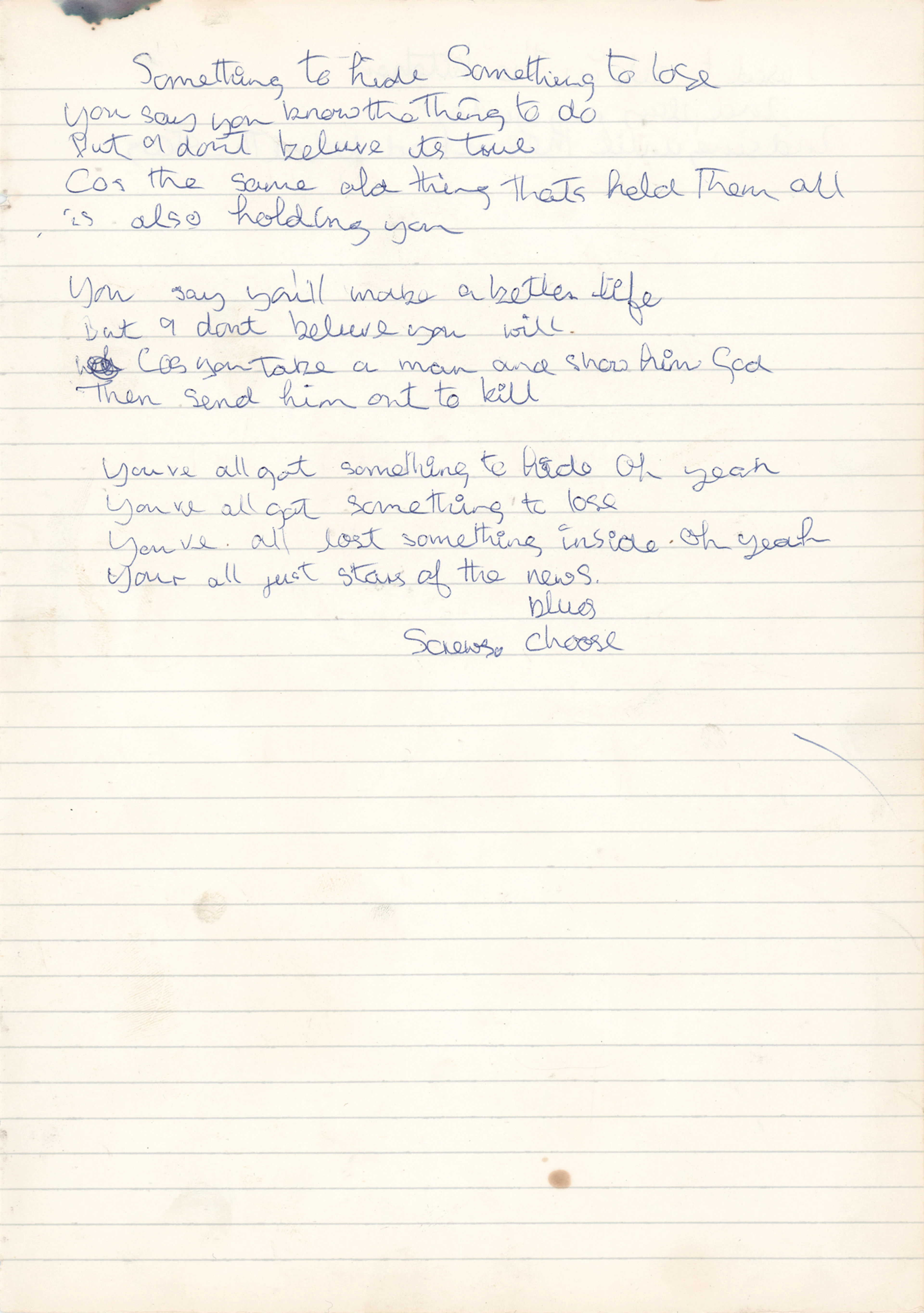 Badfinger: Pete Ham Original Handwritten Lyrics for 'Something to Hide'