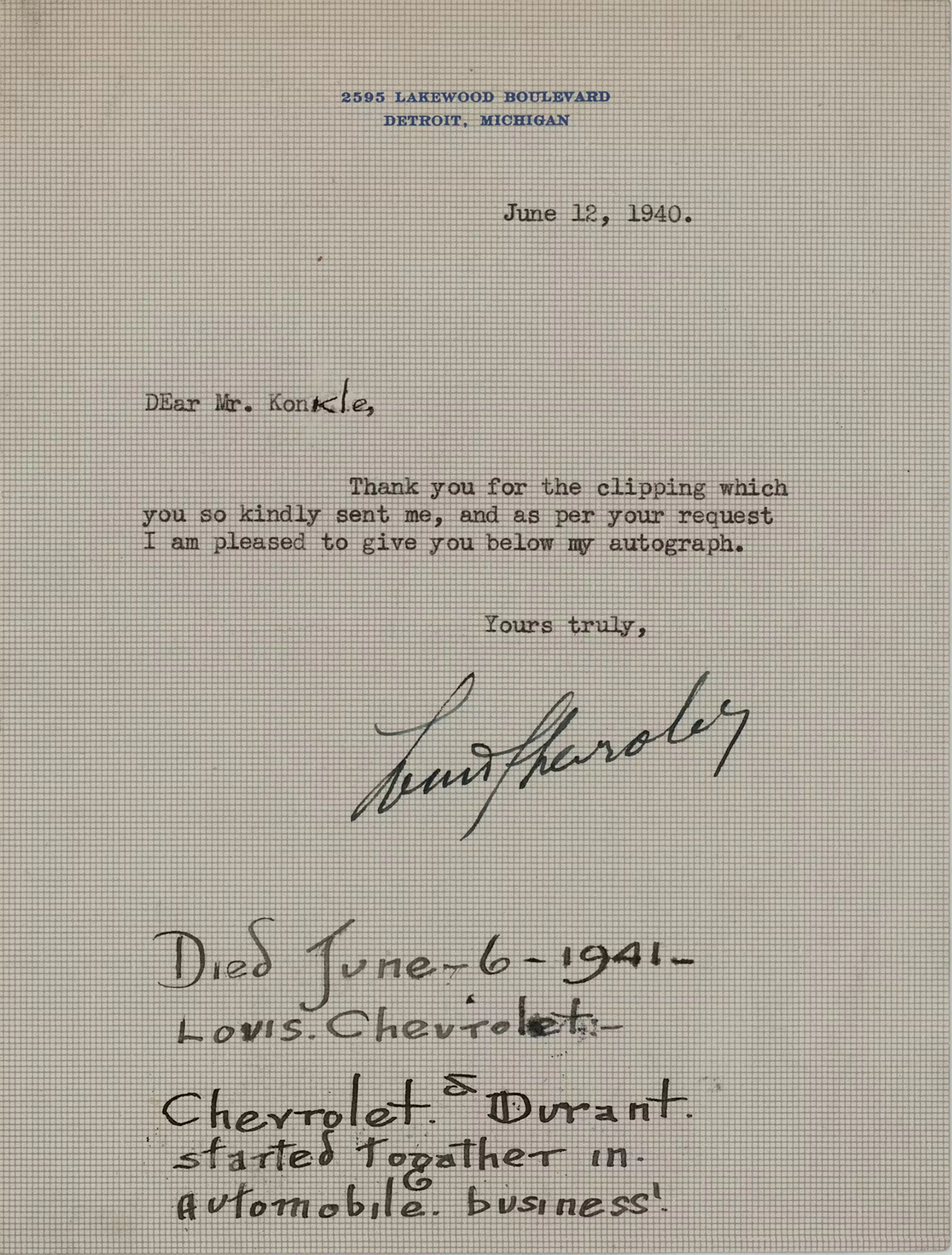 Louis Chevrolet Typed Letter Signed