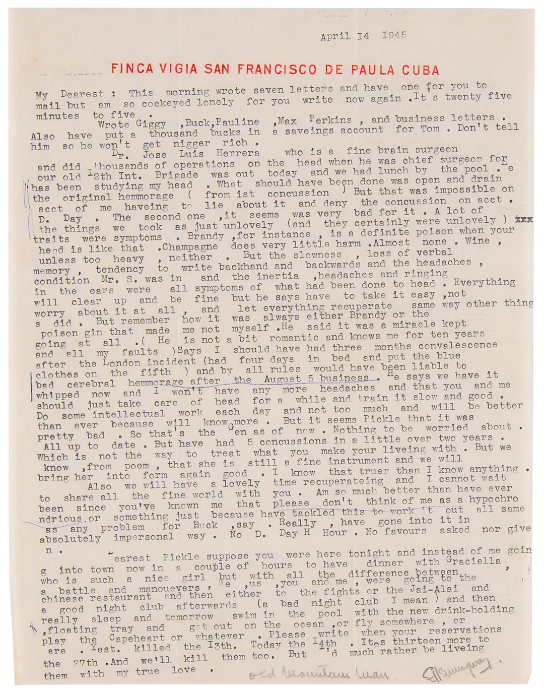Ernest Hemingway War-Dated Typed Letter Signed to His Future Wife