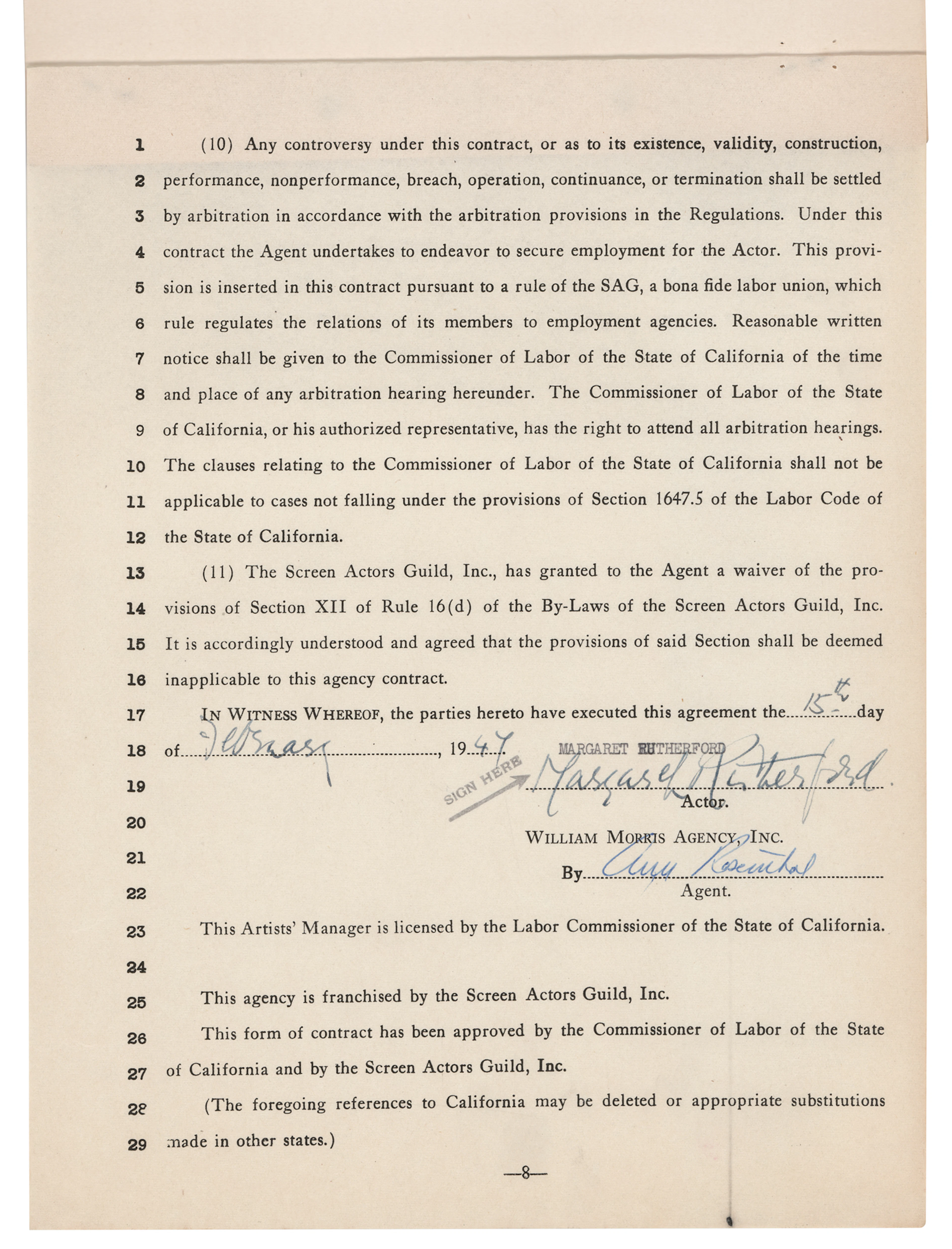 Margaret Rutherford Signed Agency Contract