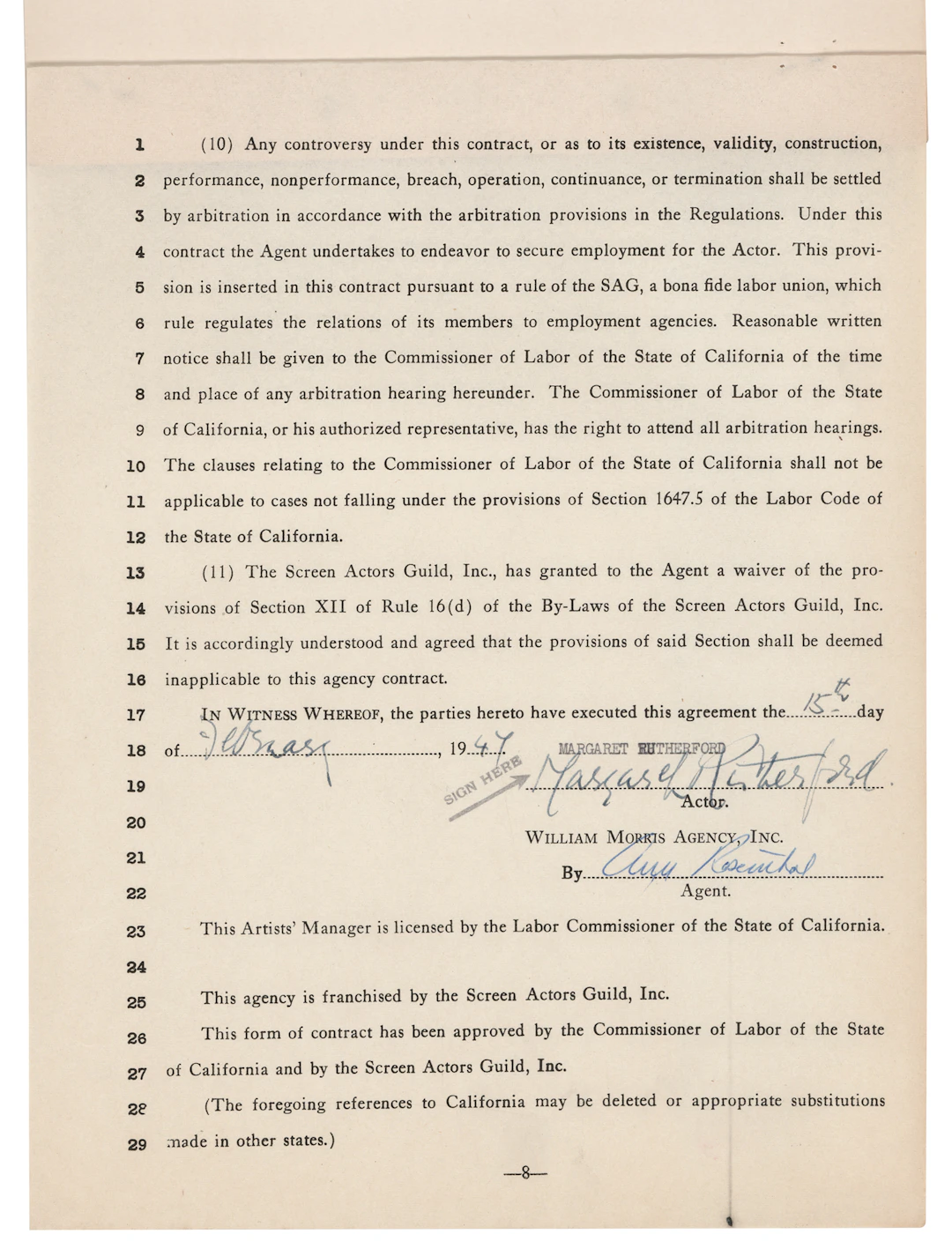 Margaret Rutherford Signed Agency Contract
