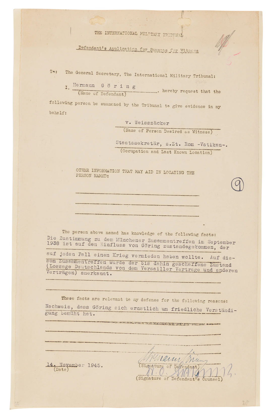 Hermann Göring Document Signed at Nuremberg, Requesting Testimony