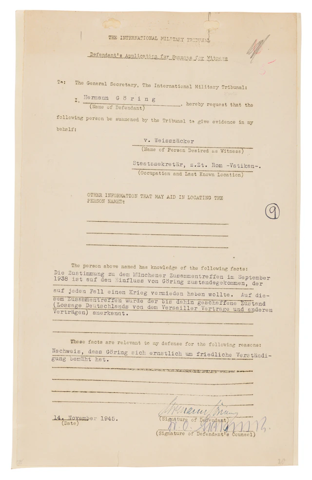 Hermann Göring Document Signed at Nuremberg, Requesting Testimony