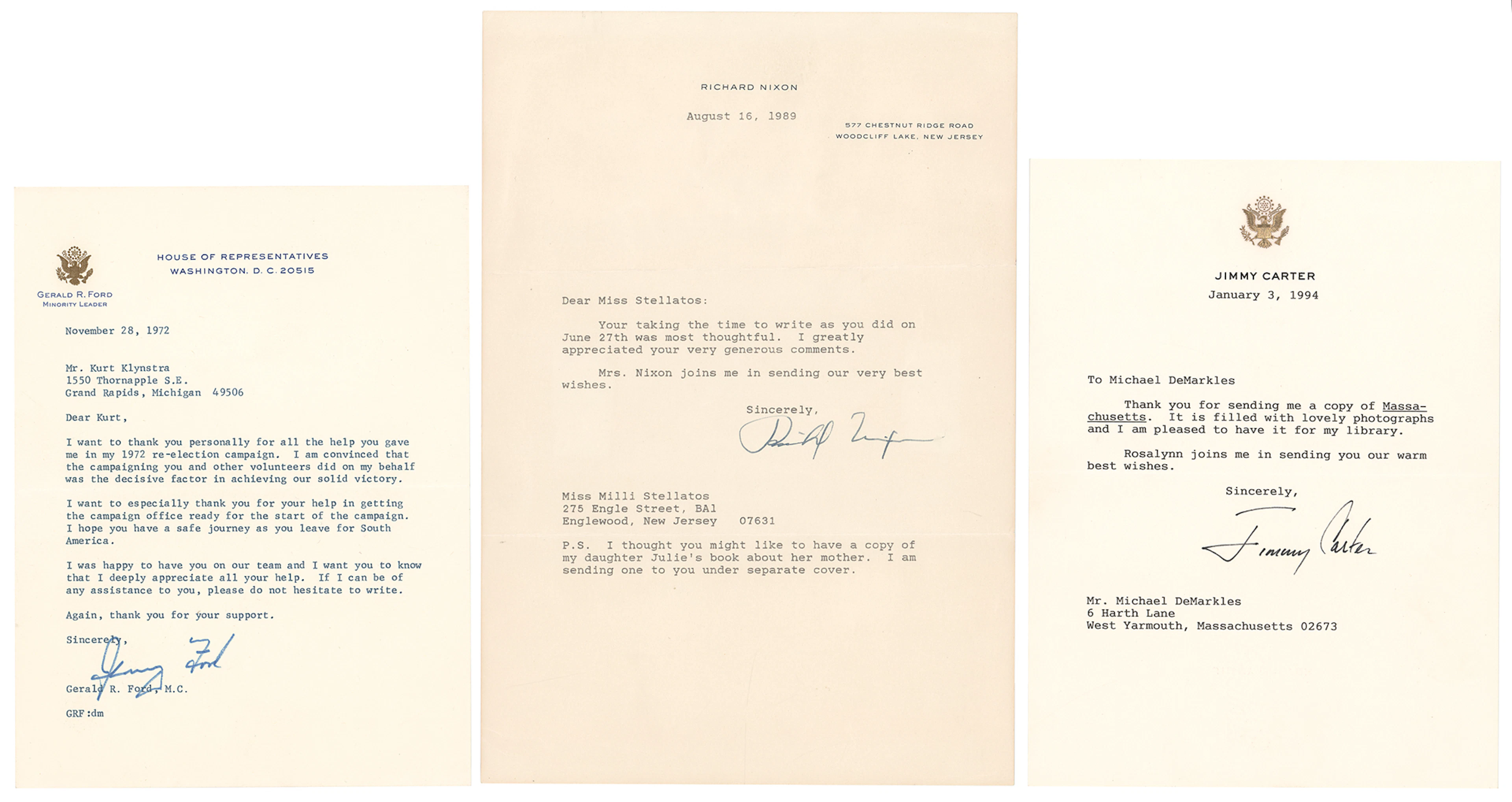 Richard Nixon, Gerald Ford, and Jimmy Carter (3) Typed Letters Signed